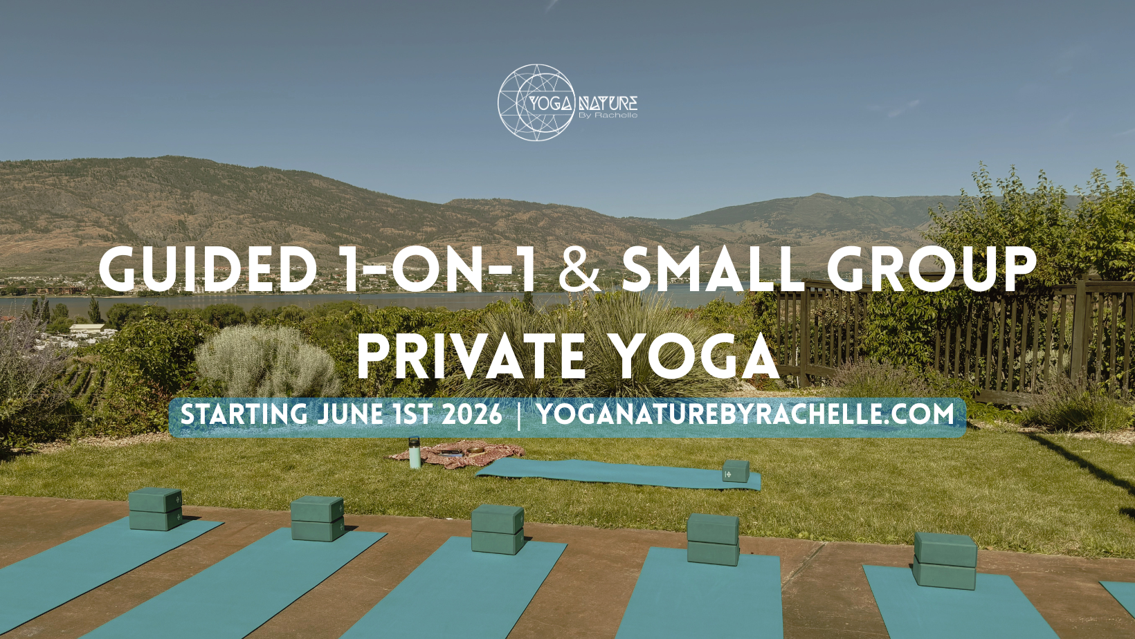 Outdoor yoga setup with rolled mats and yoga blocks on a patio, overlooking a lake and mountains with clear blue sky, promoting private yoga classes starting June 1st, 2026.