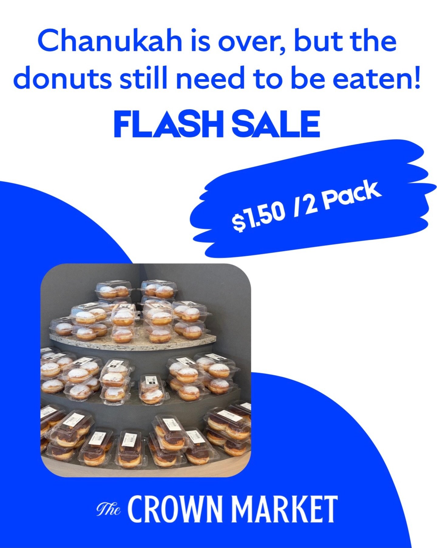 Chanukah may be over, but the donuts are still calling 🍩✨
FLASH SALE - $1.50 for a 2-pack of donuts

Perfect for an afternoon treat, office snack, or something sweet to take home. Stop by Crown Market before we run out!

#CrownMarket #FlashSale #Don