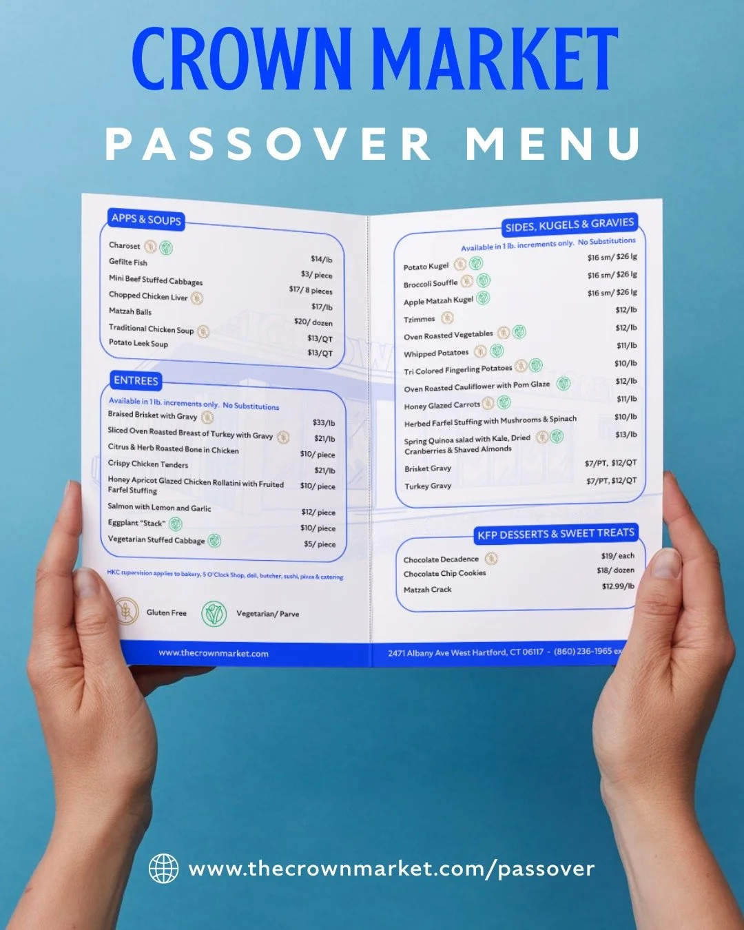 Our Passover Menu is Live!!

Head to www.thecrownmarket.com/passover to view the full menu.  Let us feed you this holiday season!

 #KosherLiving #wherequalitymeetscommunity #CTEats #KosherFood #CrownMarket #SupportLocalCT #kosherfoodie #WestHartford