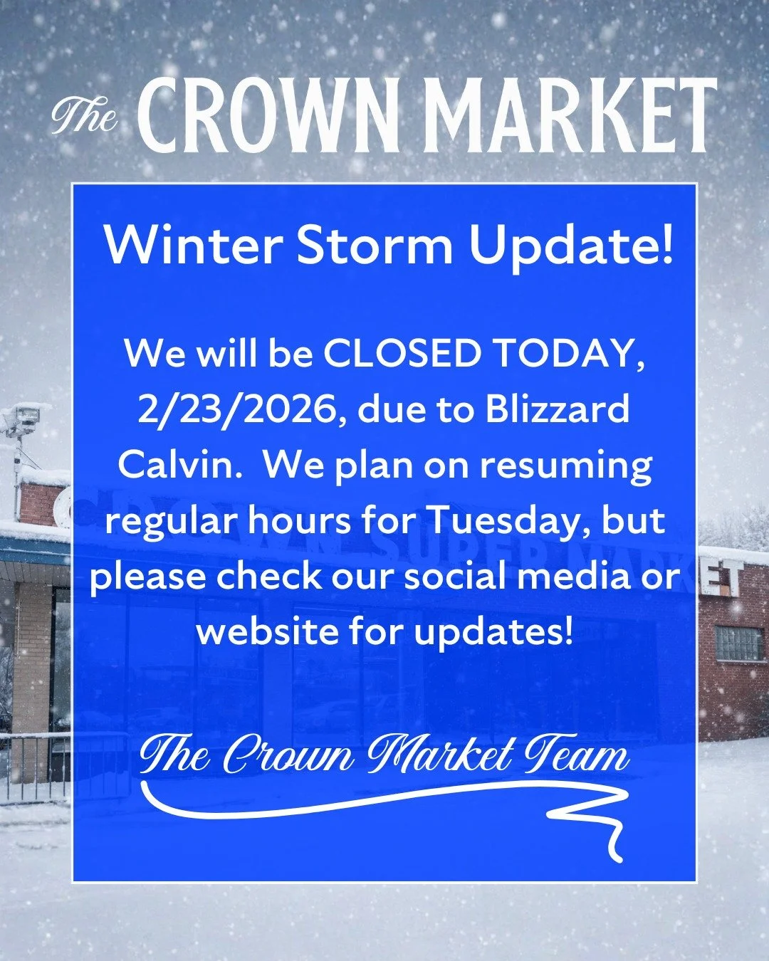 To prioritize the safety and wellbeing of our customers and staff, we've decided to stay closed today.  We plan on resuming regular hours tomorrow, but will continue to monitor the situation and continue to update here on social media as well as on o