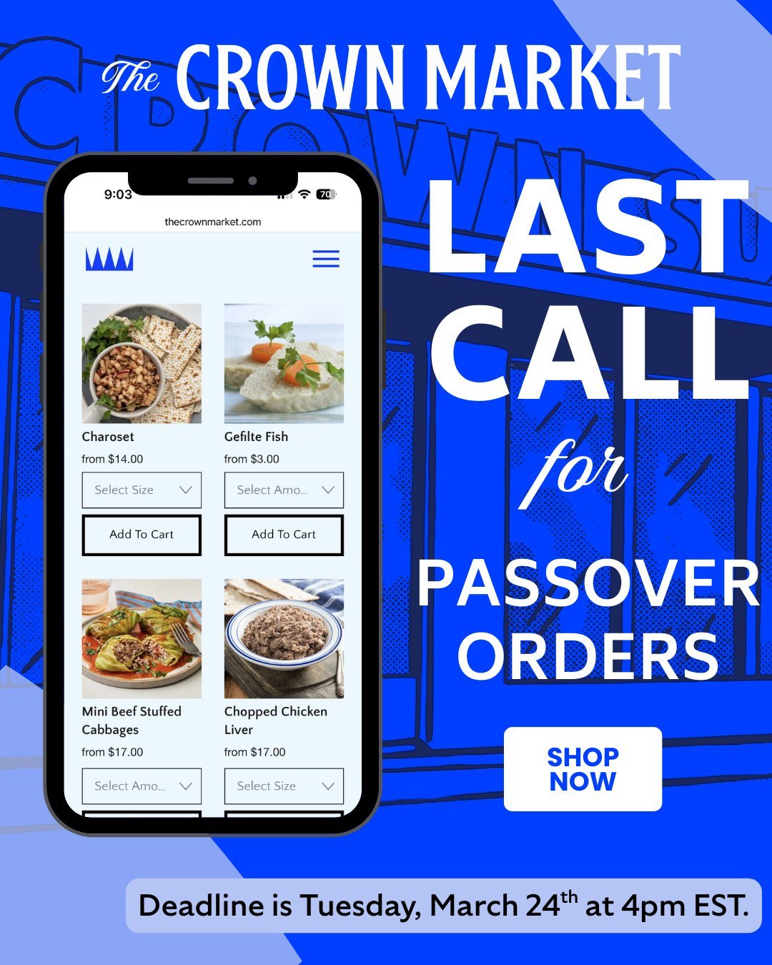 ⏰Time is Running Out!!!⌛

Today is the last day to place a Passover Order online with us!  Whether you're hosting a large family gathering, or want to treat yourself to a nice meal, be sure to add to cart, checkout, and then let us do the heavy lifti