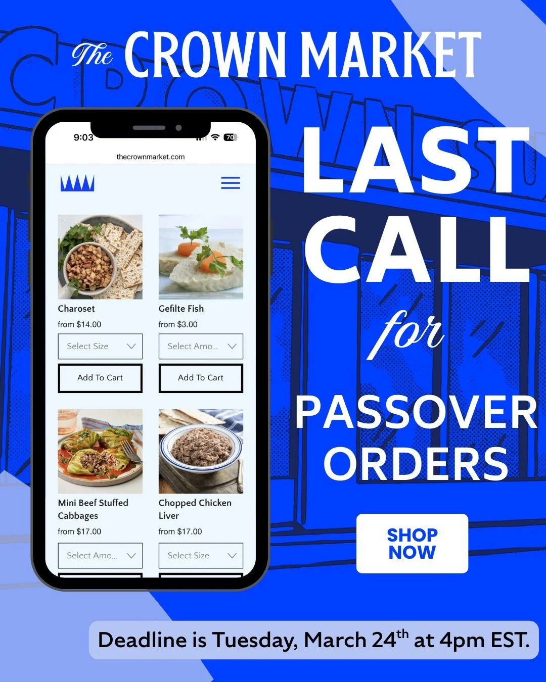 ⏰Time is Running Out!!!⌛

Today is the last day to place a Passover Order online with us!  Whether you're hosting a large family gathering, or want to treat yourself to a nice meal, be sure to add to cart, checkout, and then let us do the heavy lifti