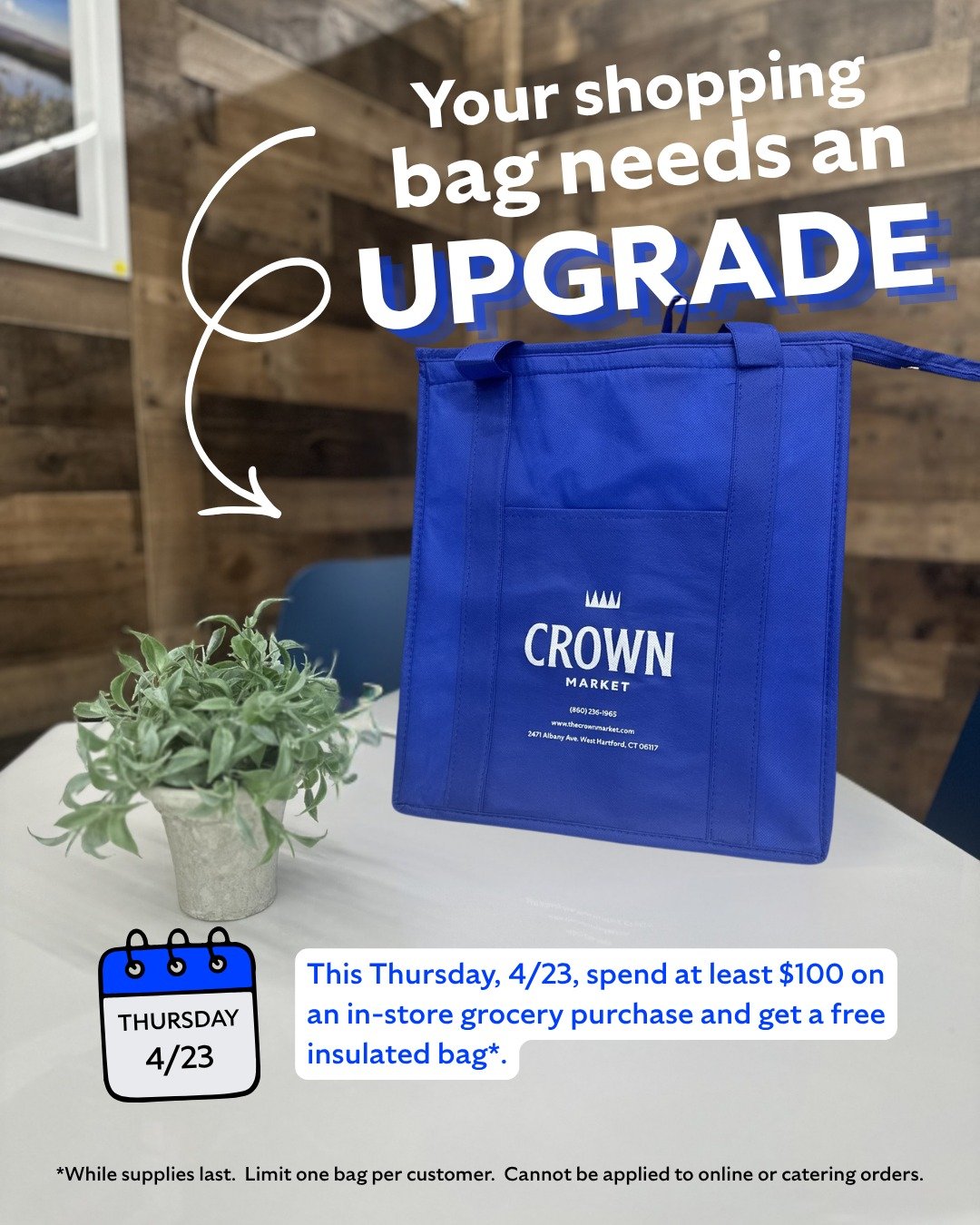 ⏰Mark Your Calendars!!🗓

This Thursday, spend at least $100 on an in-store grocery purchase and get a free insulated bag!  With temperatures rising, it's crucial to keep your food cool.  These reusable bags are not only the perfect solution, but a g