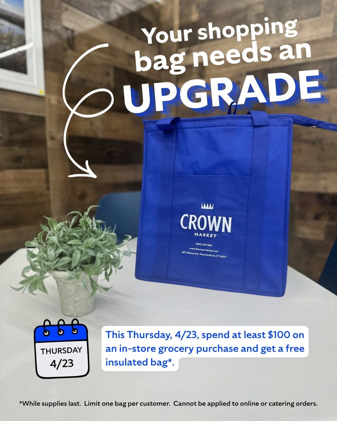 ⏰Mark Your Calendars!!🗓

This Thursday, spend at least $100 on an in-store grocery purchase and get a free insulated bag!  With temperatures rising, it's crucial to keep your food cool.  These reusable bags are not only the perfect solution, but a g