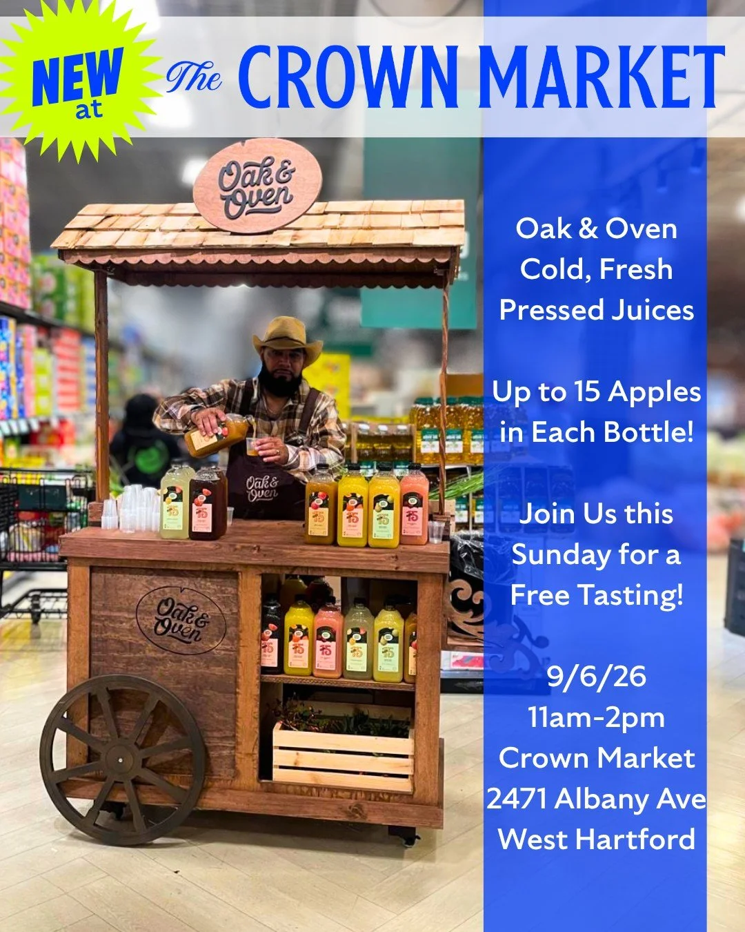 We are thrilled to introduce our newest product at Crown Market, Oak &amp; Oven's Fresh Pressed Juices!

Cold, crisp, and full of flavor, these drinks are next level.  Come join us for a free tasting this Sunday, September 6th, from 11am to 2pm and t