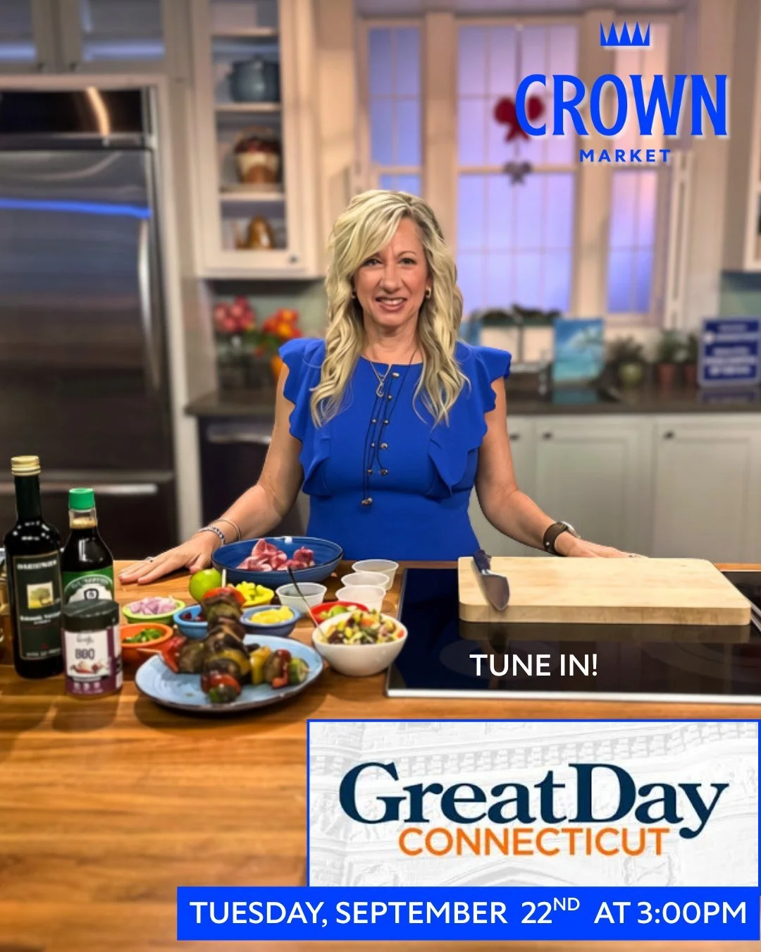 A week from today, Debbie is backon @greatdayconnecticut for her monthly cooking segment, using fully kosher ingredients all from the Crown Market, as well as some exciting updates to share!  Mark your calendars and tune in next Tuesday, September 22