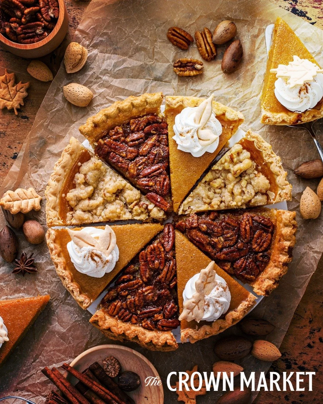Why pick just one?

Our Thanksgiving Menu has a pie for everybody - whether you have the ultimate sweet tooth, want the fruits of the season, or a little of both, we've got you covered.  From apple crumble and pumpkin pie to lemon meringue and chocol