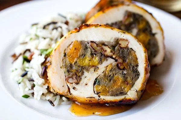 Honey Apricot Glazed Chicken Rollatini with Fruited Farfel Stuffing