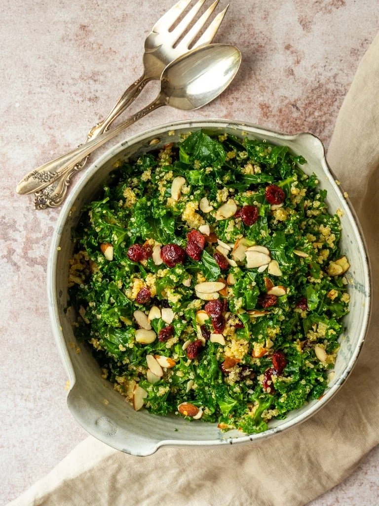 Spring Quinoa salad with Kale, Dried Cranberries & Shaved Almonds