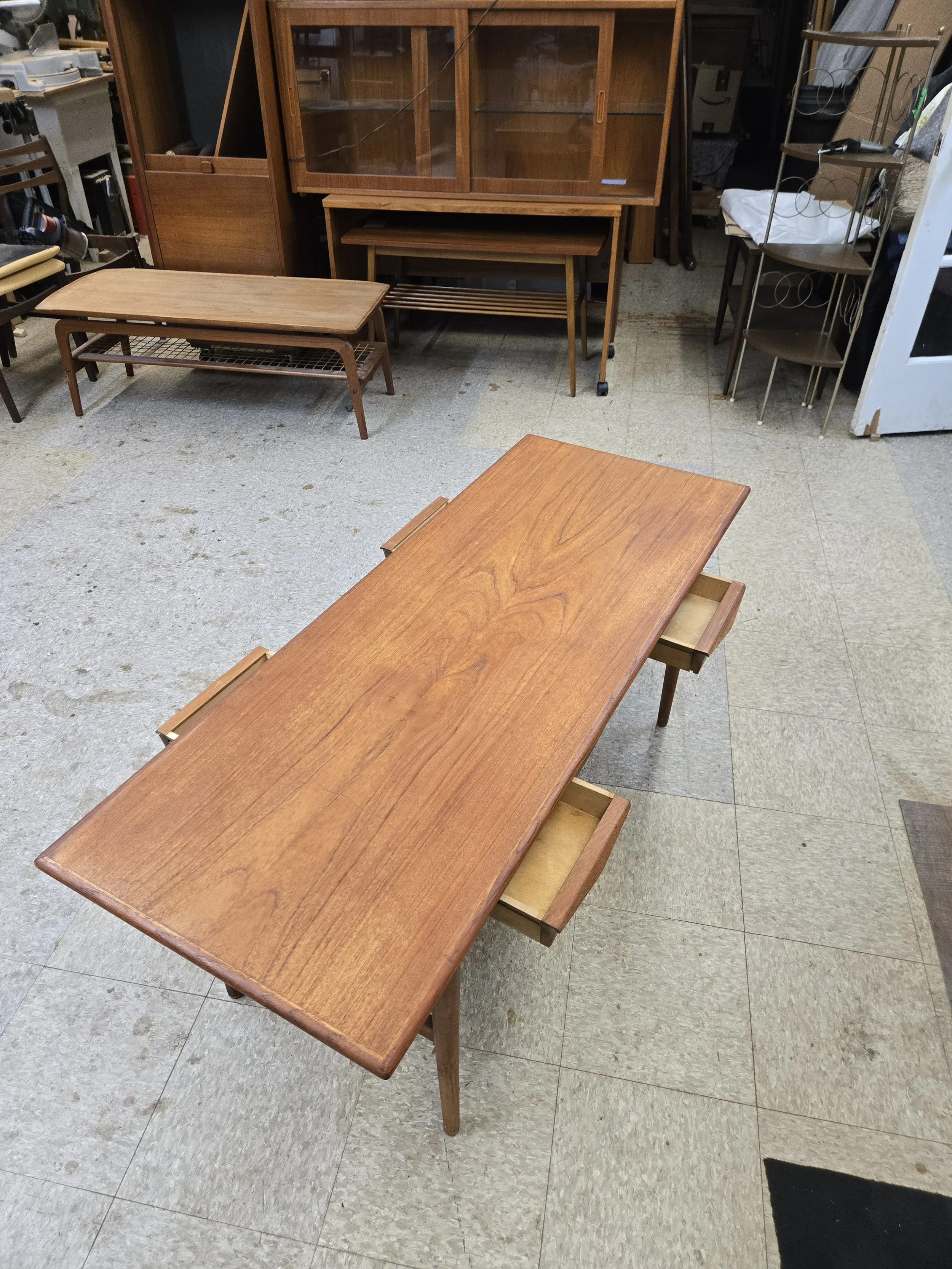 Mid century modern teak coffee table with drawers