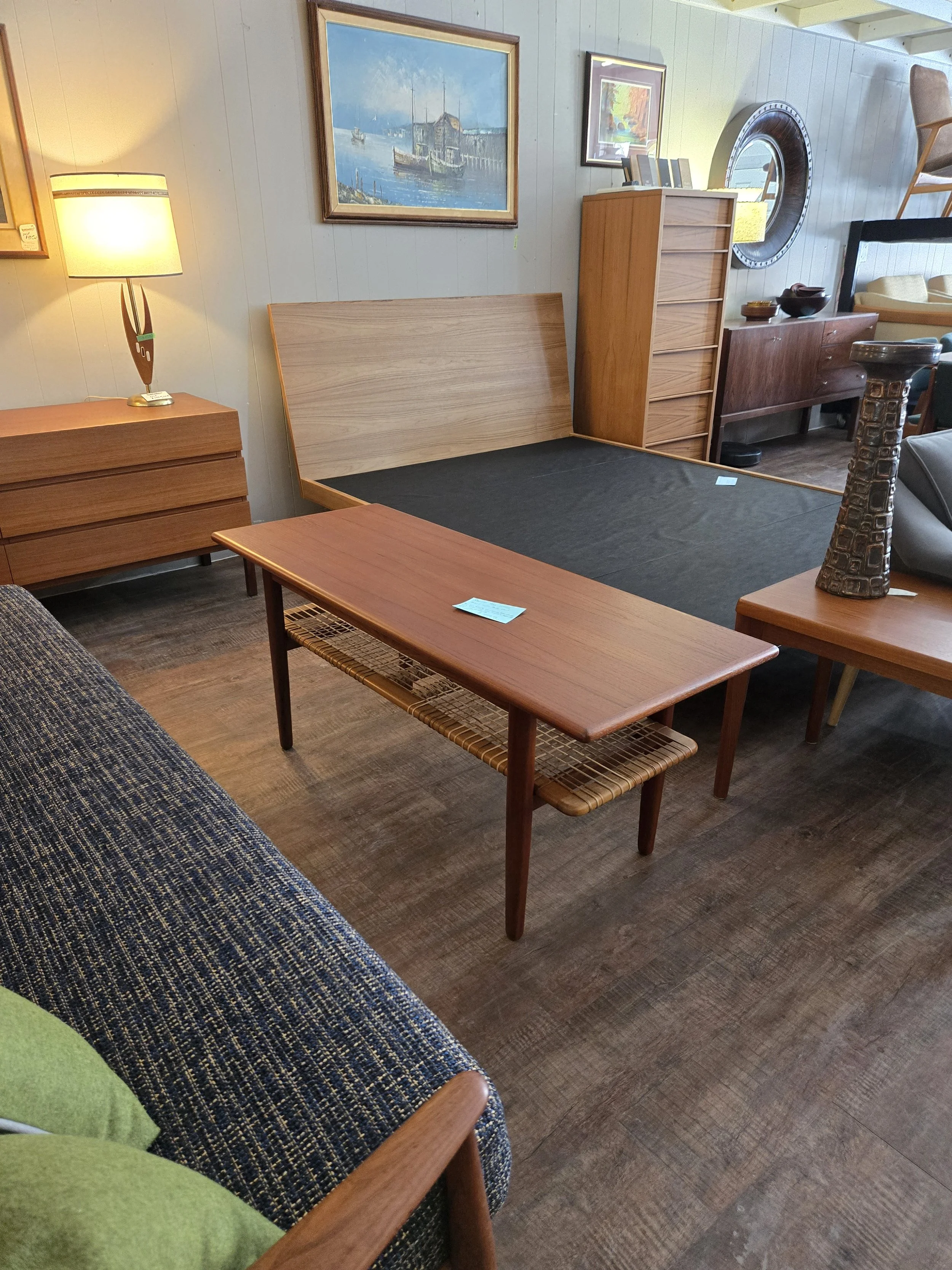 Teak Coffee Table with Cane Shelf
