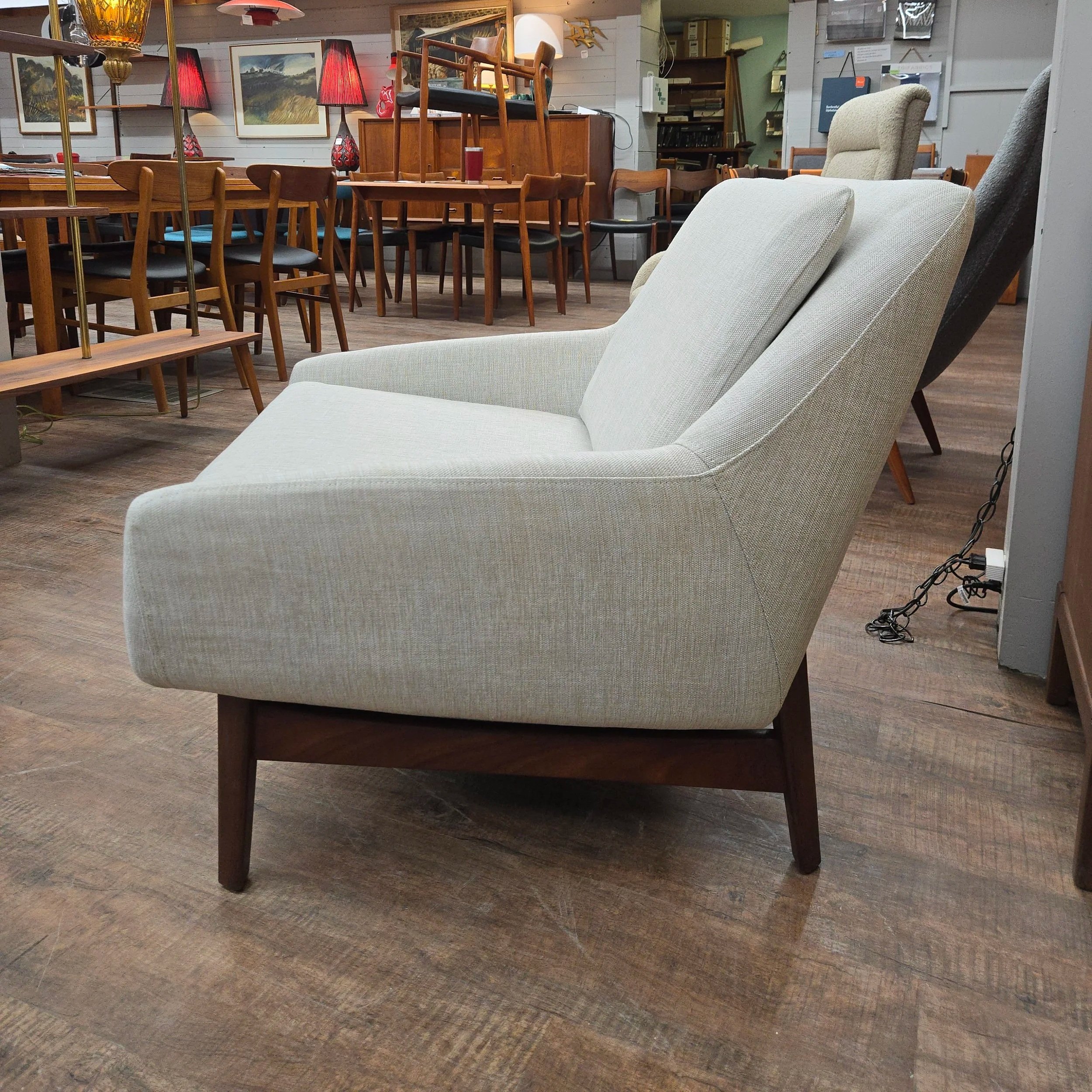Mid century modern arm chair with aqua clean upholstery fabric