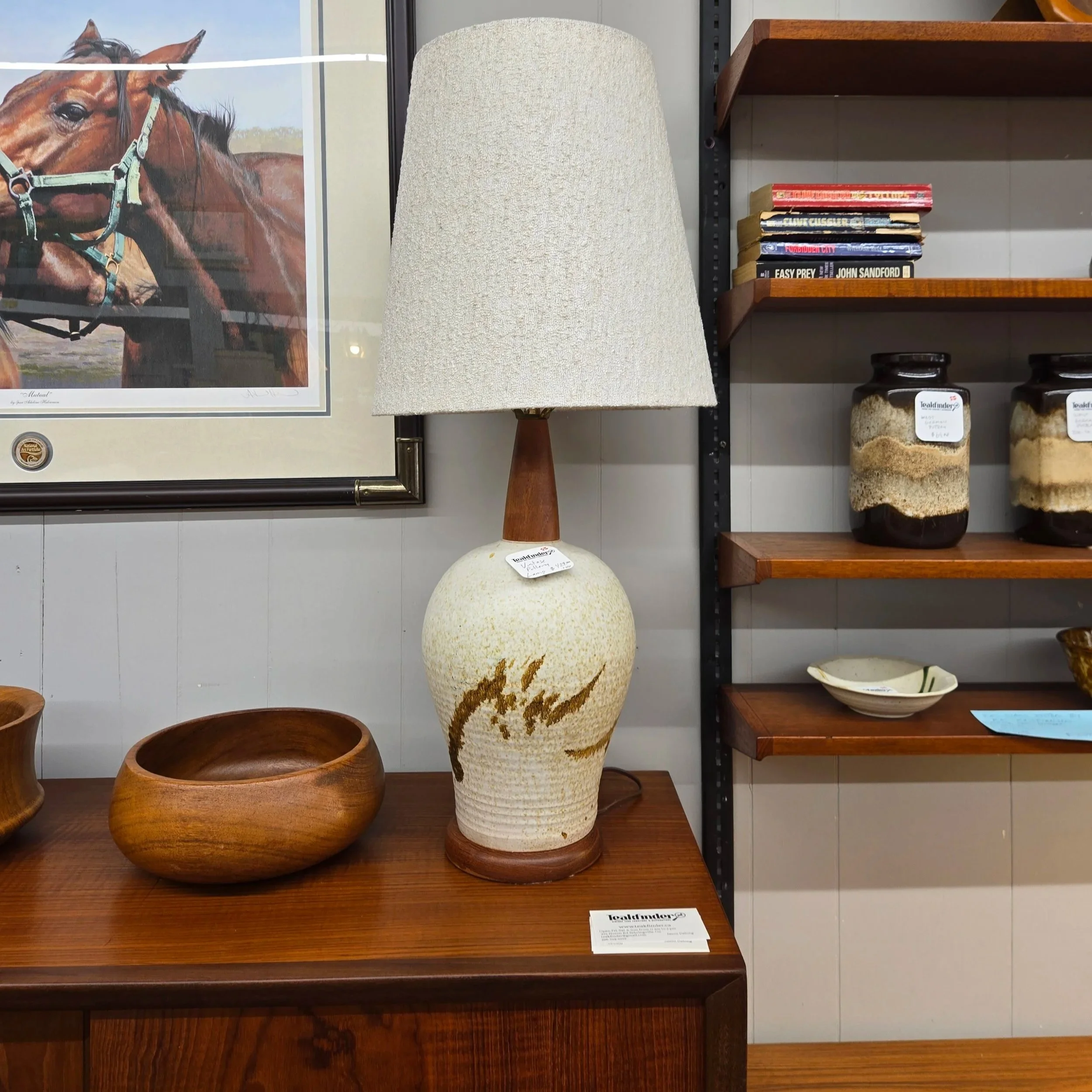 Vintage Teak and Ceramic Tri-Light Table Lamp