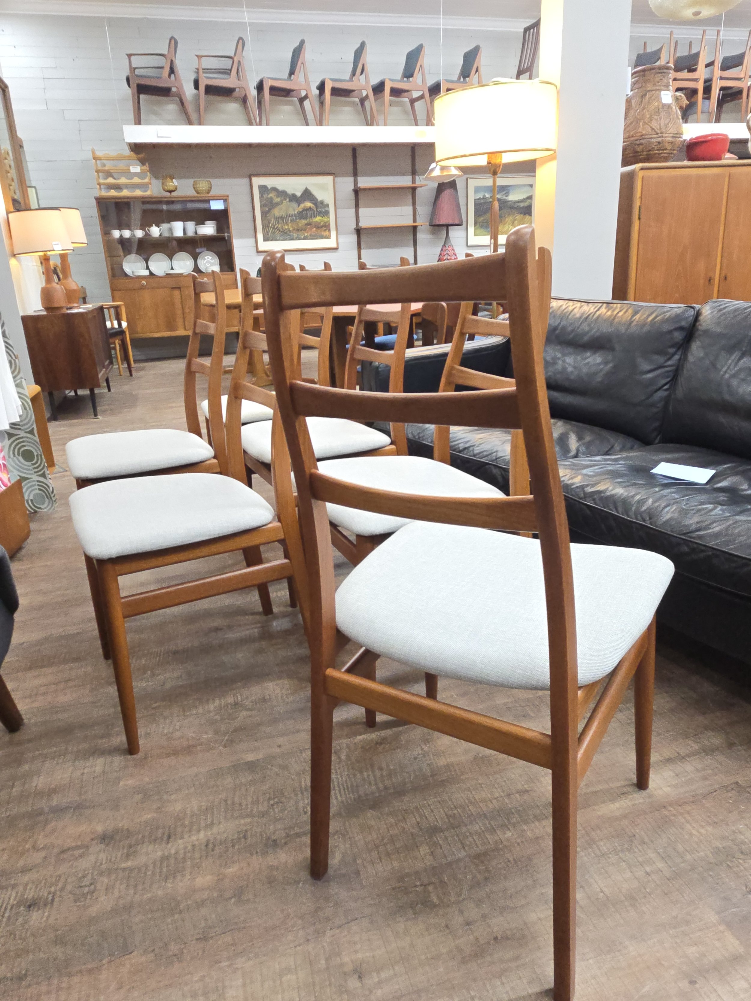 6 Mid century modern Teak ladder back dining chairs