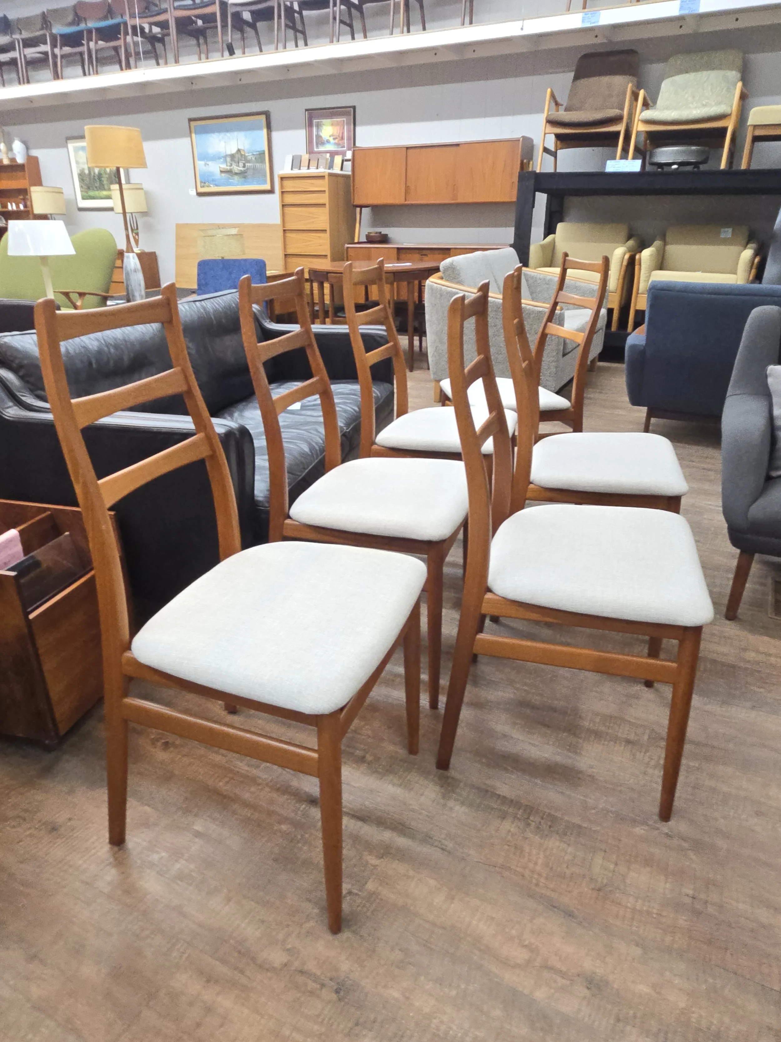6 Mid century modern Teak ladder back dining chairs