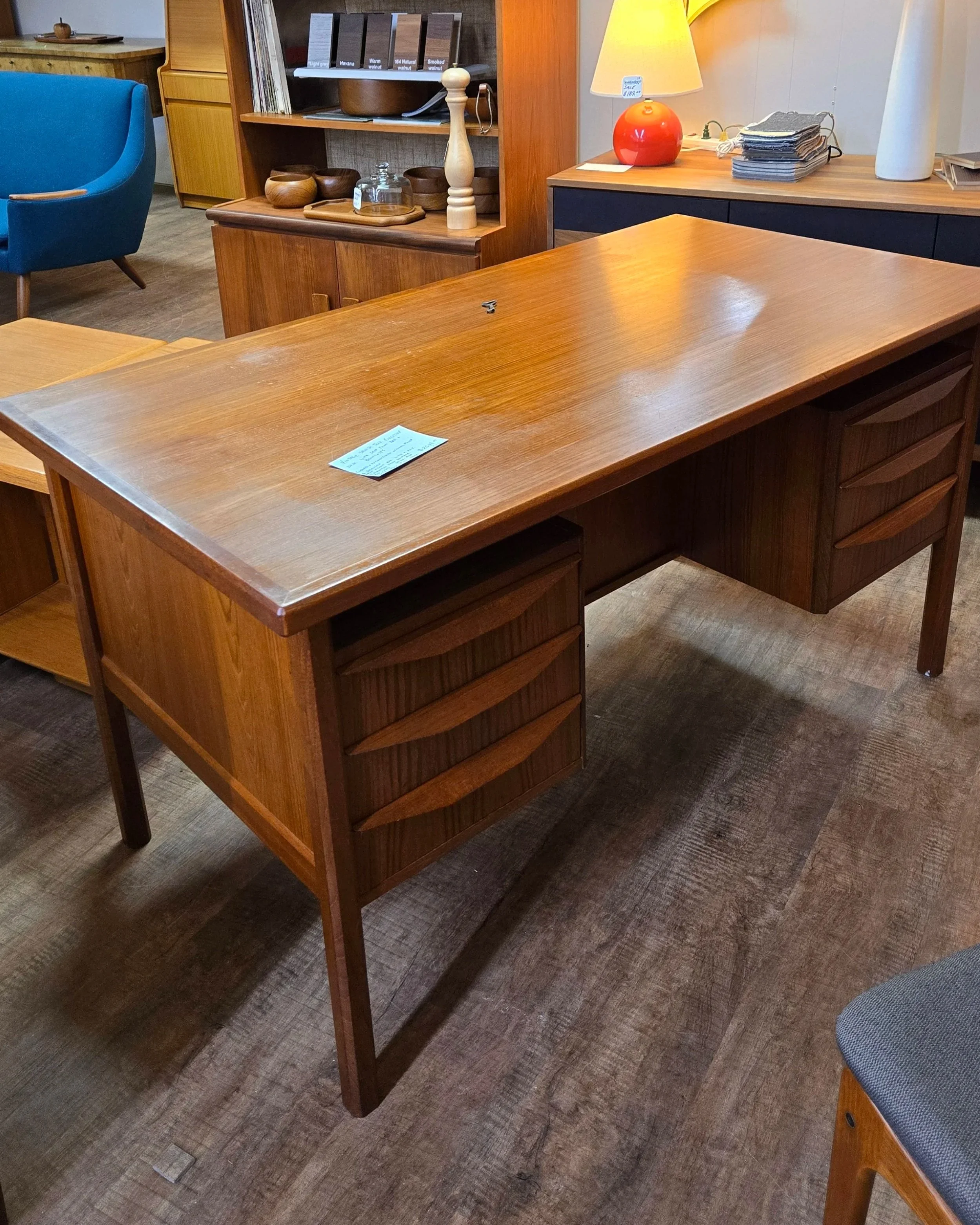 teak executive desk with a bookcase front