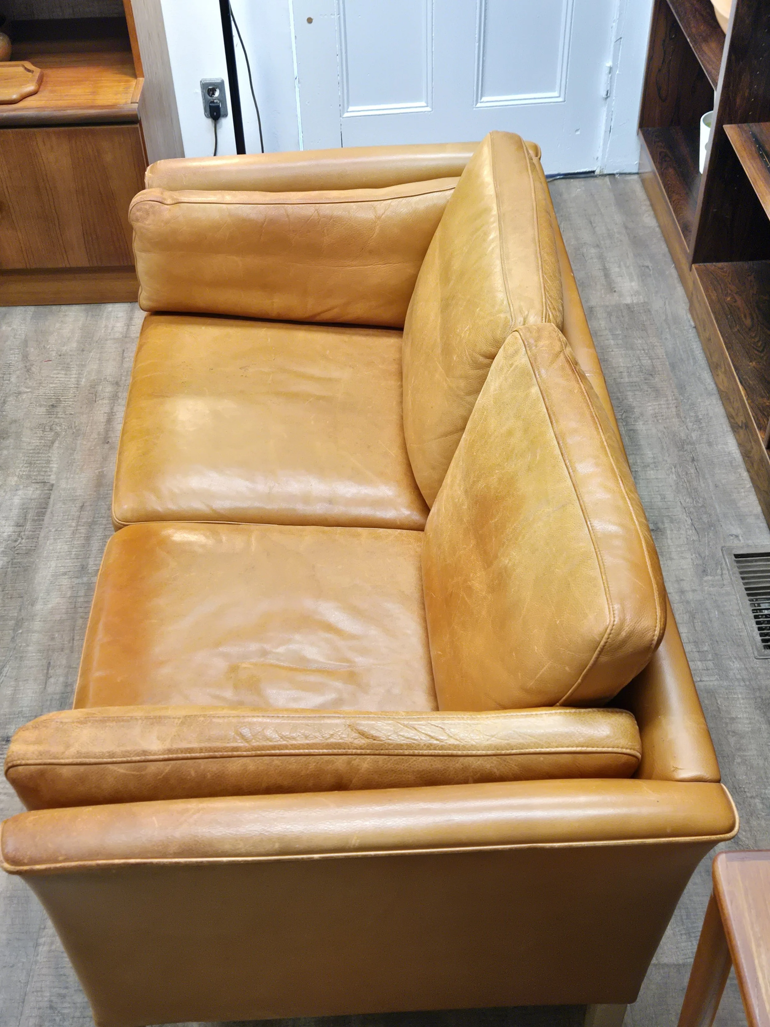 Vintage Danish Patinated Leather Loveseat