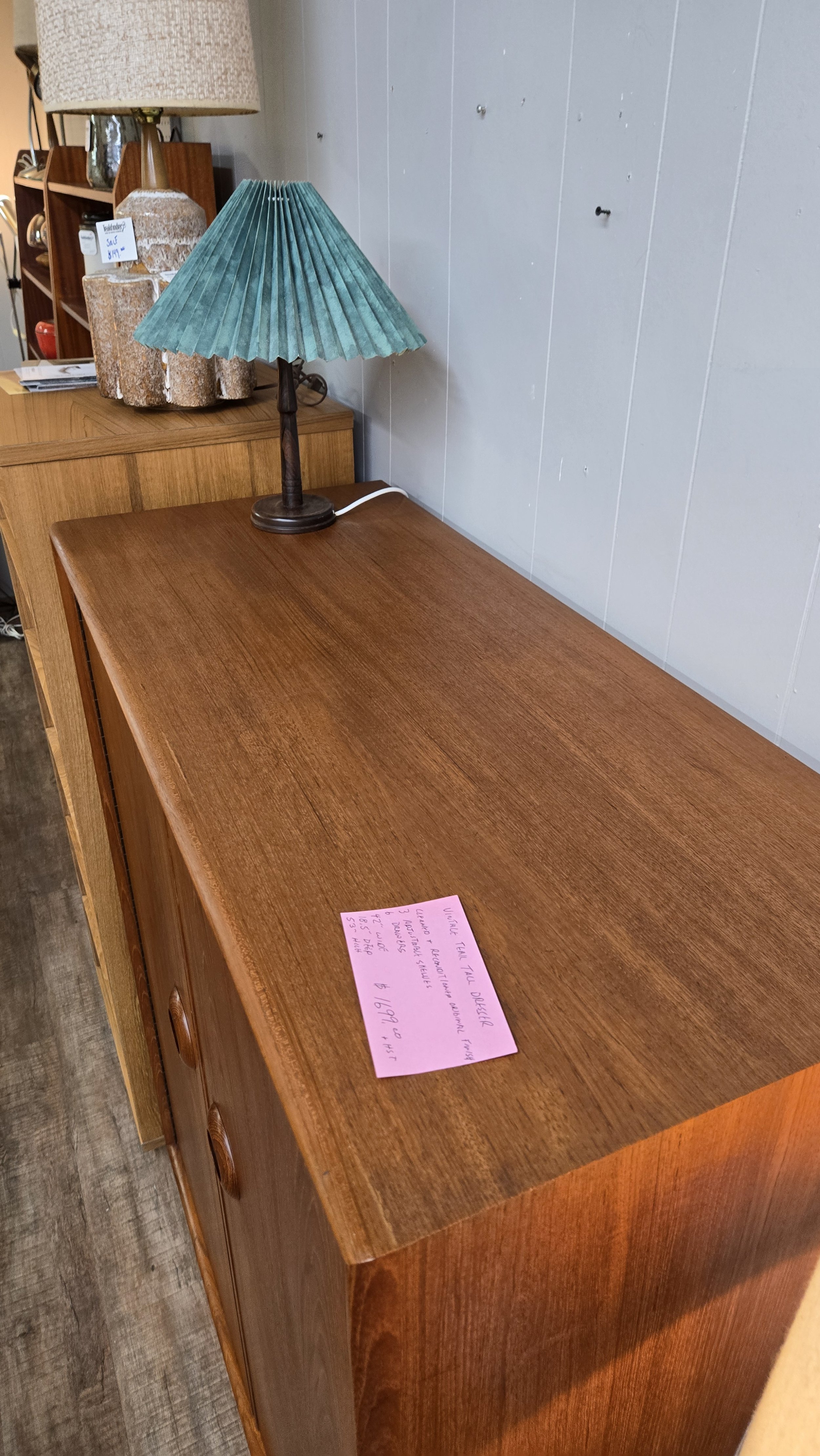 Vintage teak tall dresser with round handles