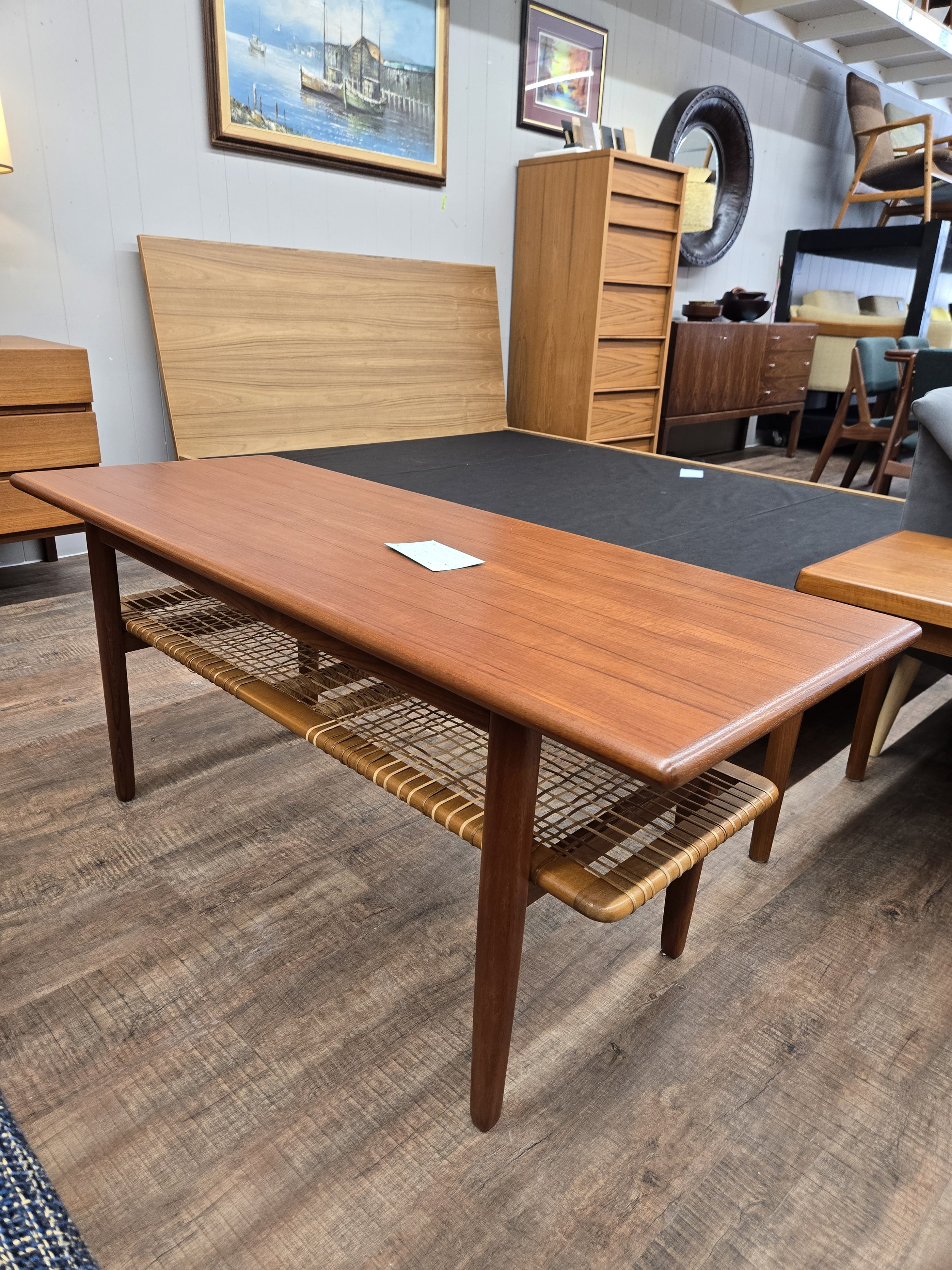 Teak Coffee Table with Cane Shelf