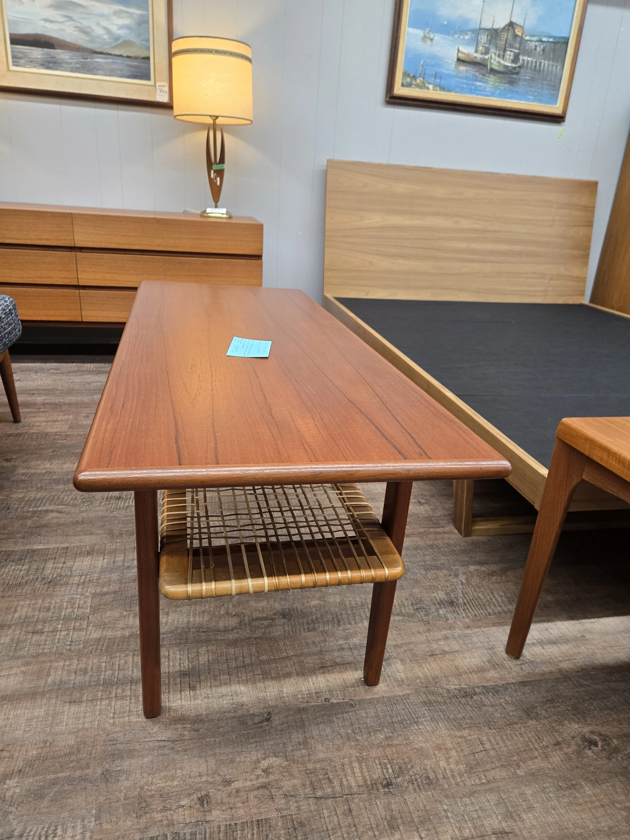 Teak Coffee Table with Cane Shelf