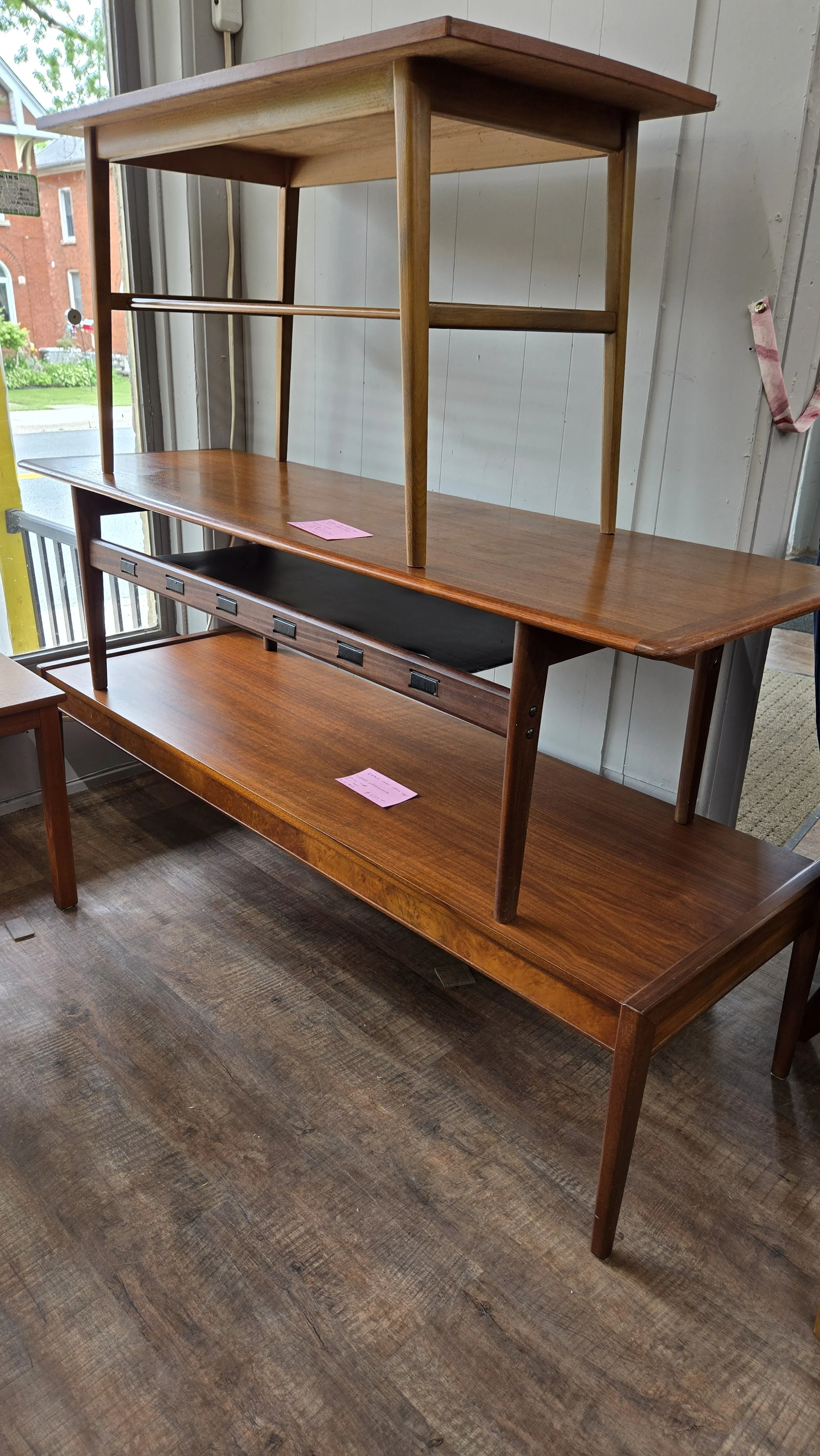 Vintage teak coffee table with leather shelf
