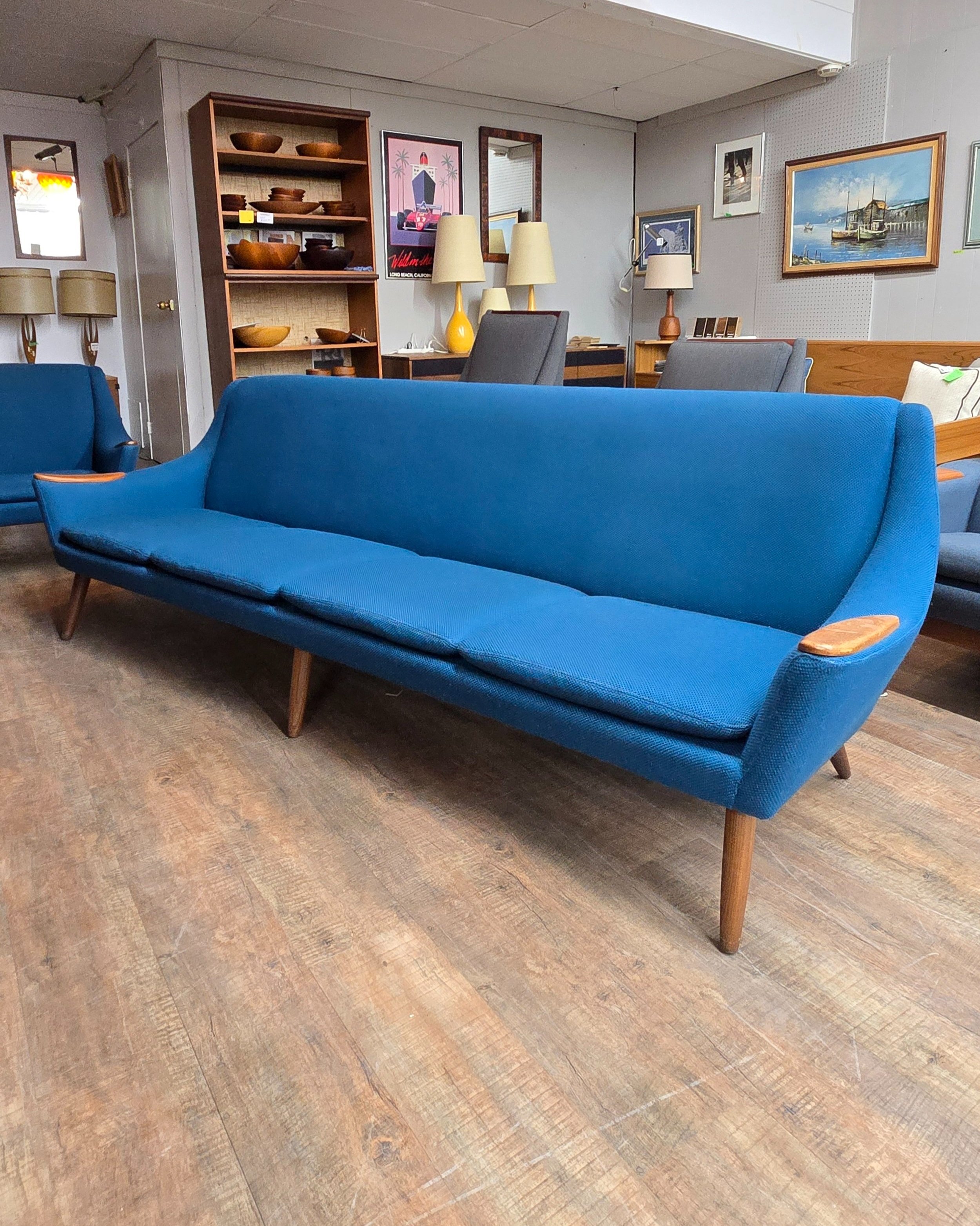 Mid century modern 4 seat sofa in original blue wool