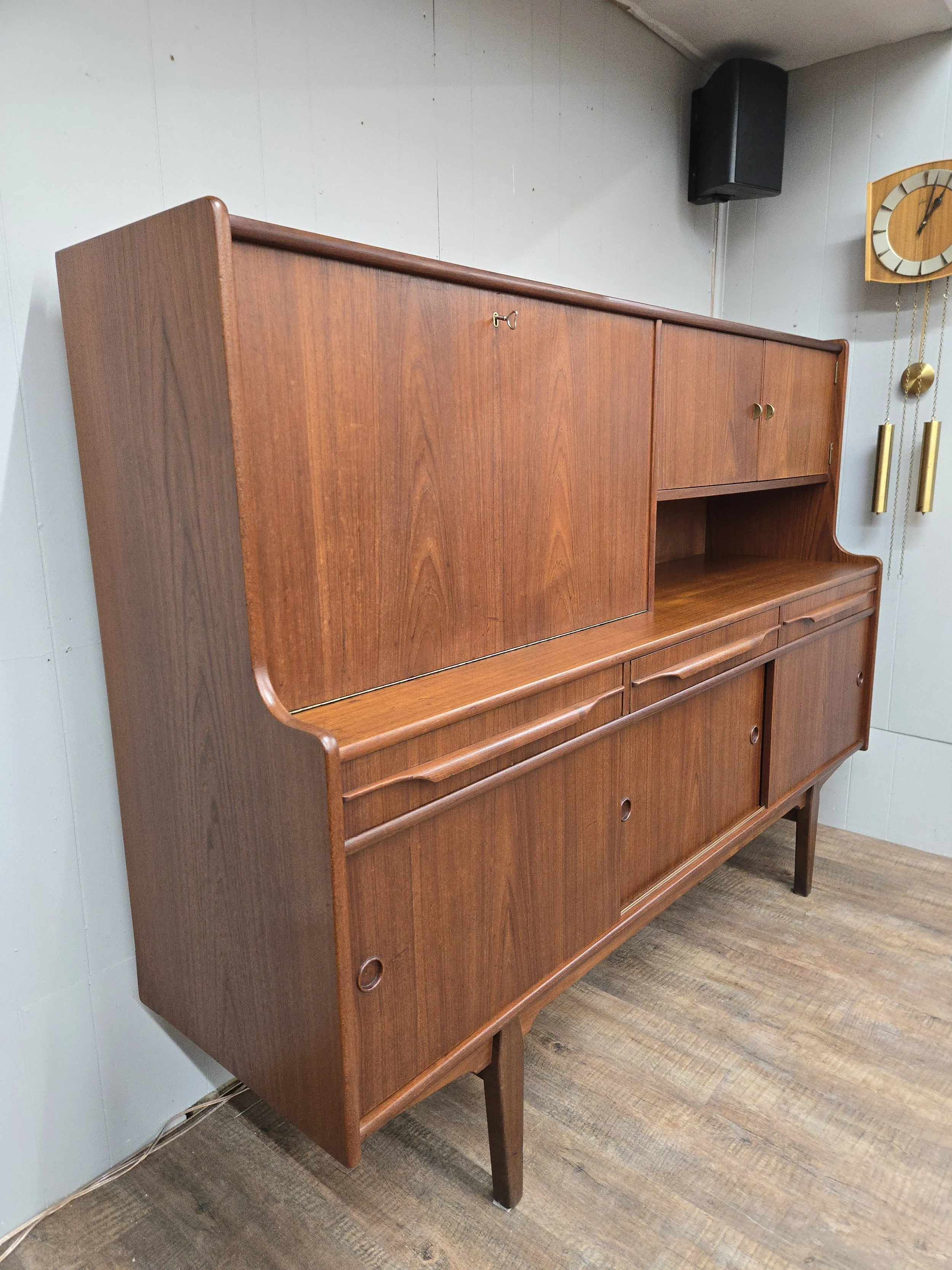 Mid-Century Danish Teak Highboard with Desk and Bar