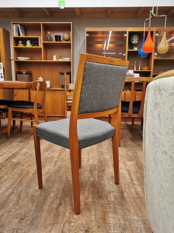 Set of 6 teak dining chairs with aqua clean upholstery