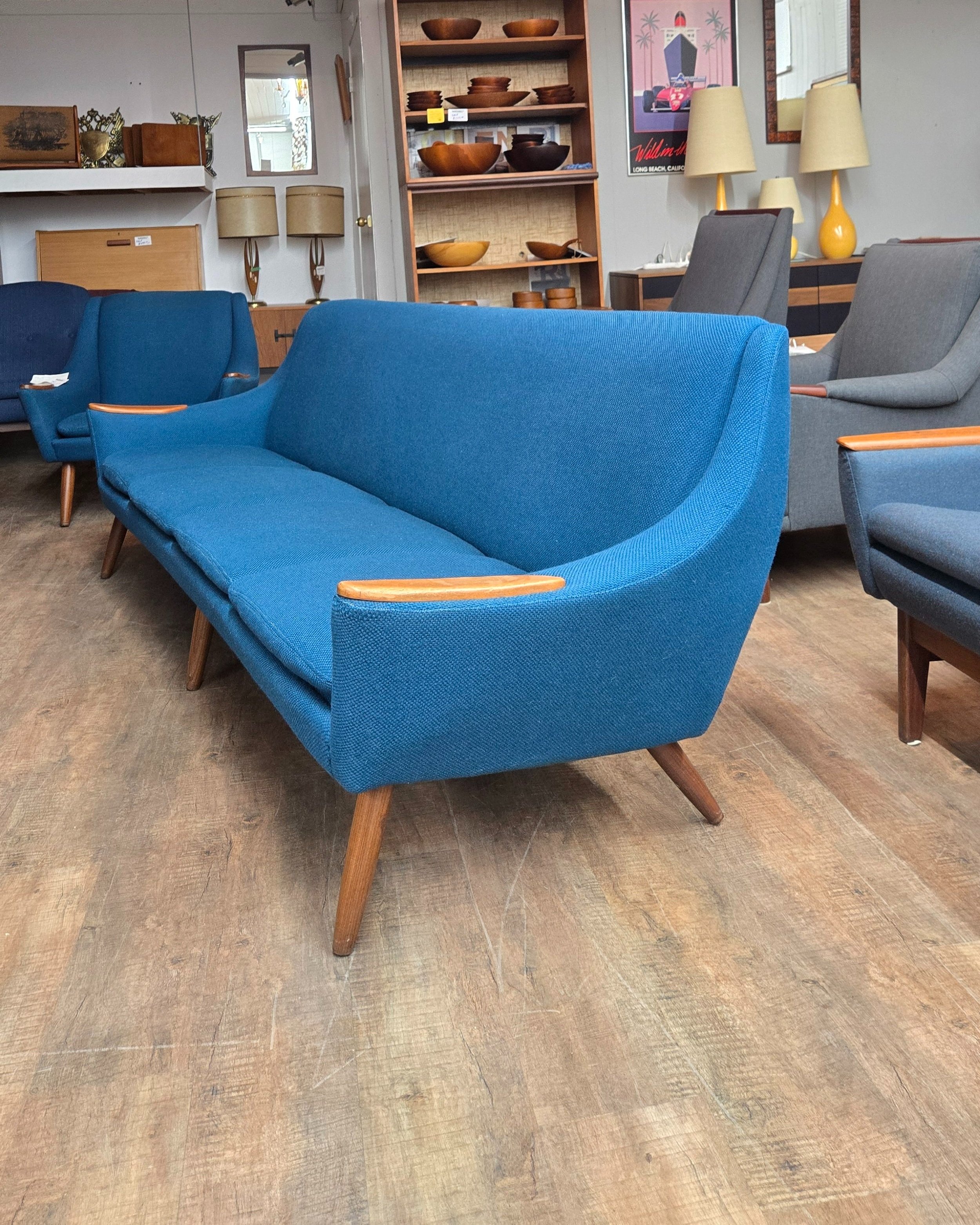 Mid century modern 4 seat sofa in original blue wool
