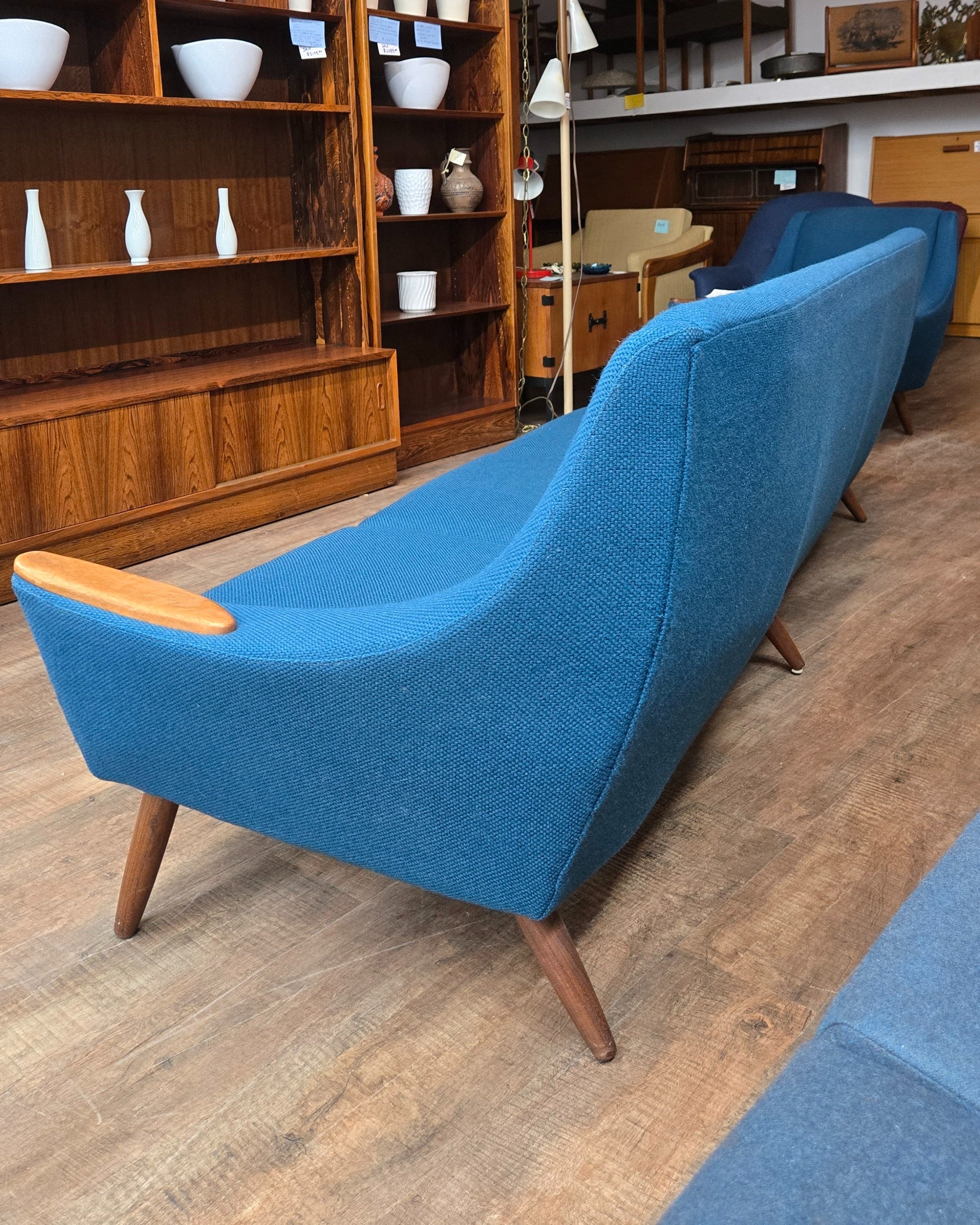 Mid century modern 4 seat sofa in original blue wool