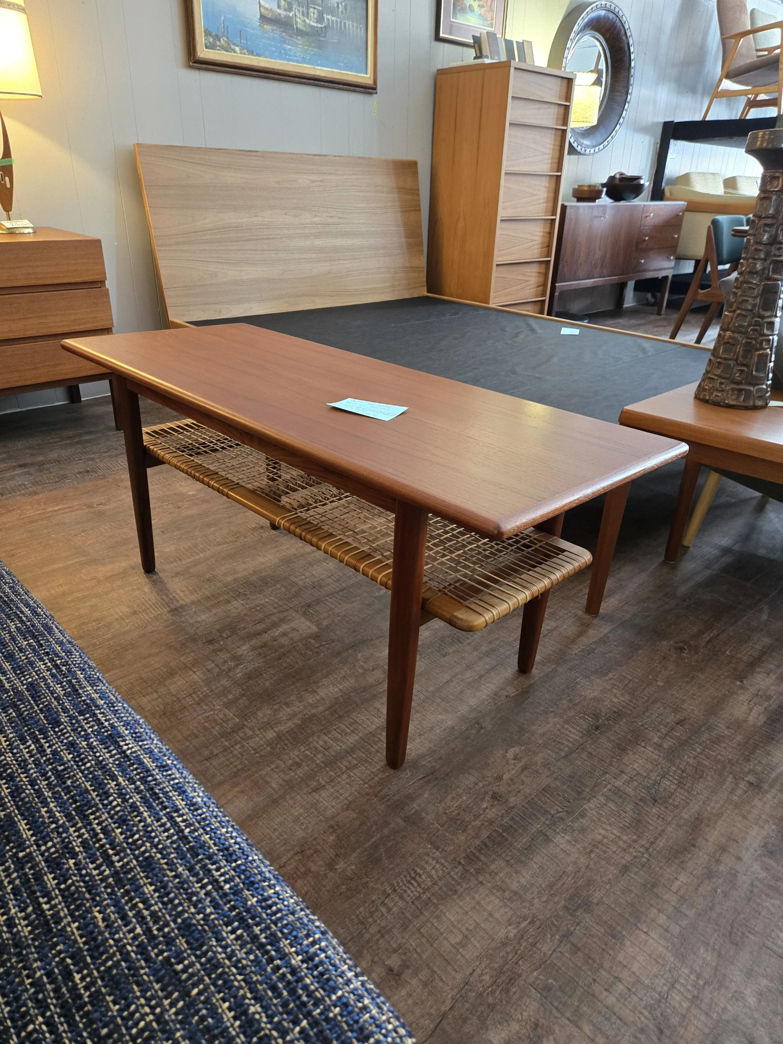 Danish Teak Coffee Table with Cane Shelf