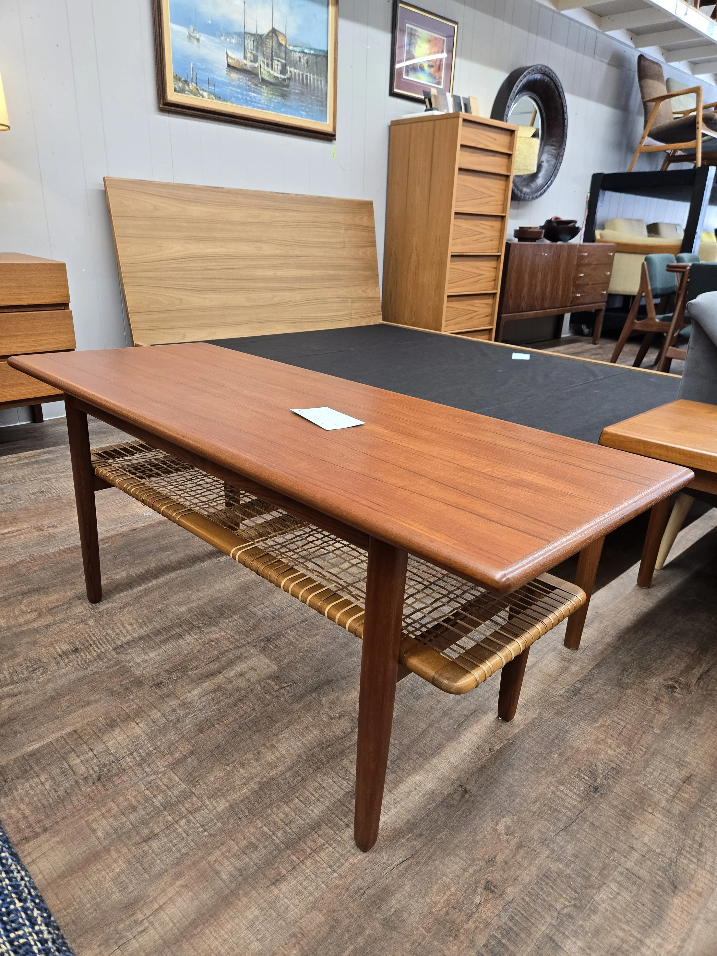 Teak Coffee Table with Cane Shelf