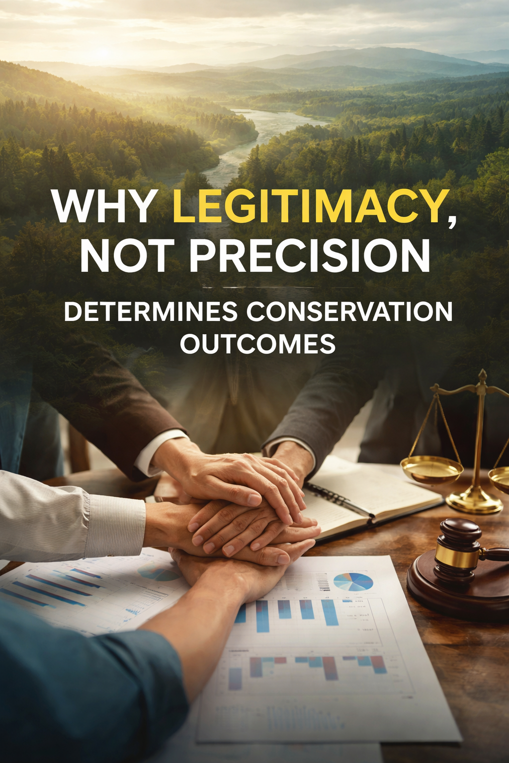 Vertical preview image showing a forested landscape above a table where multiple hands rest together over documents, symbolizing governance, shared decision-making, and legitimacy in conservation.