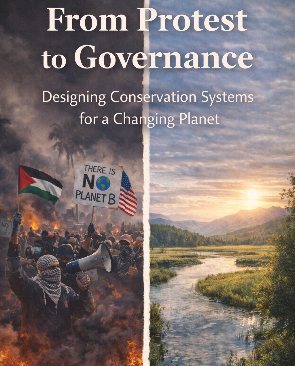 Split image showing a protest with fire, flags, and a “There is NO Planet B” sign on the left, and a peaceful river landscape at sunset on the right, with the title “From Protest to Governance” and a conservation-focused subtitle.
