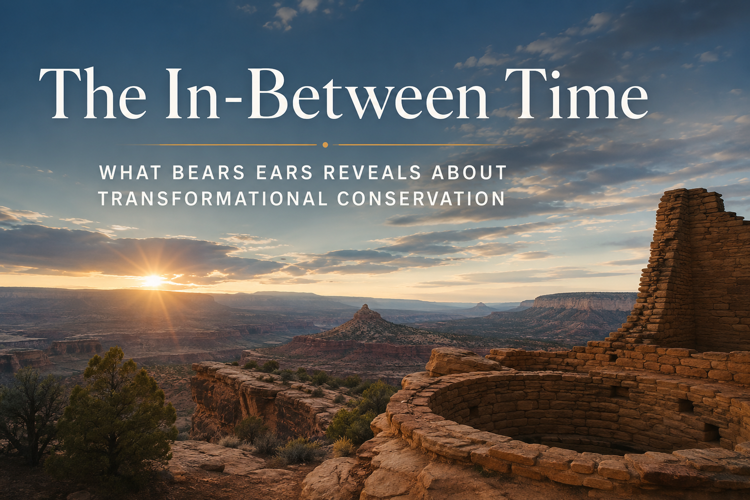 Sunrise over the Bears Ears landscape with an ancestral stone dwelling overlooking the canyon, symbolizing Indigenous stewardship, conservation, and the long-term work of building democratic institutions.