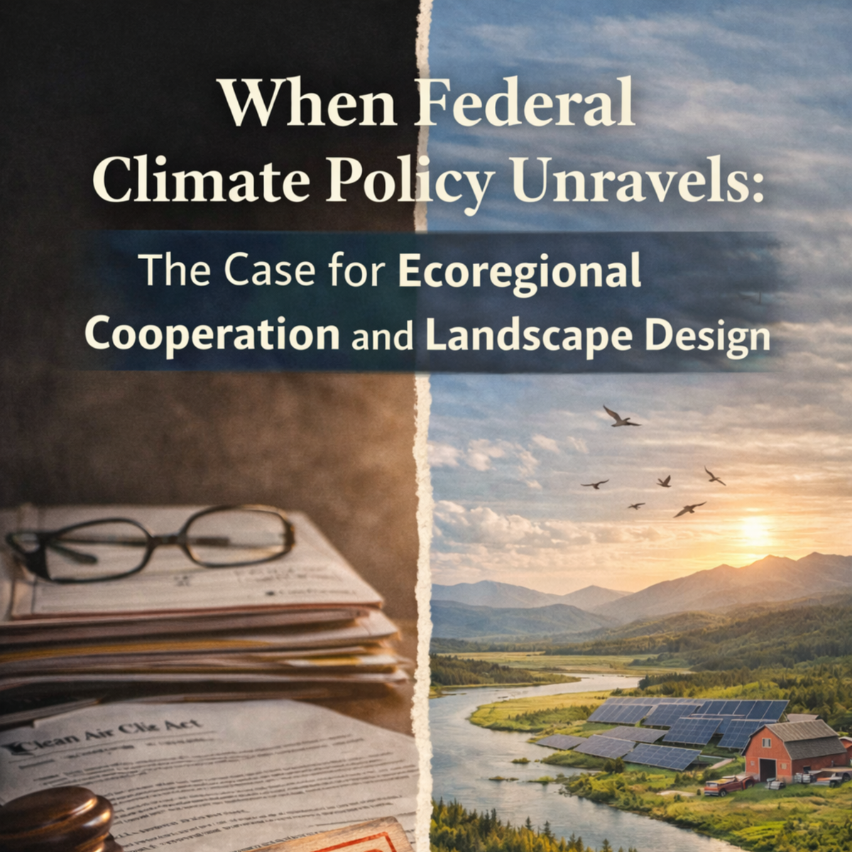 Split image of repealed climate policy documents and gavel contrasted with a river landscape and renewable energy, symbolizing governance instability and landscape-scale conservation.