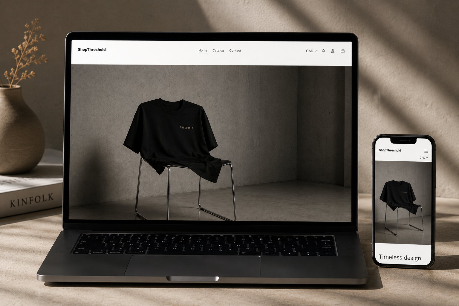 A laptop and a smartphone displaying the same website featuring a black T-shirt with the word 'THRESHOLD' on it, placed on a wooden surface with a vase of dried flowers and a book titled Kinfolk in the background.
