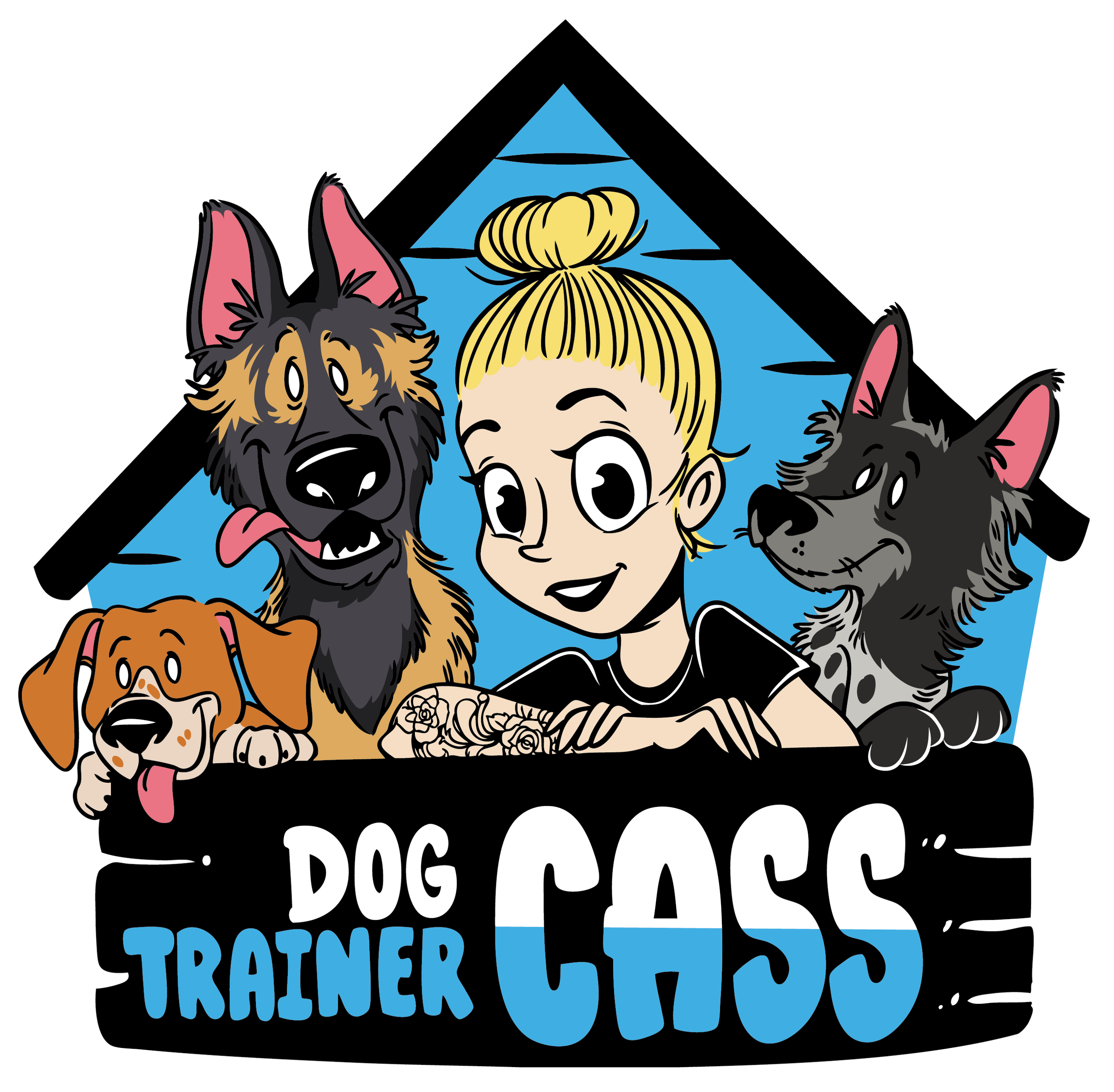 A colorful graphic for a dog rescue organization with a blue doghouse, a smiling blonde girl, and four different dogs surrounding her. The text reads 'Dog Rescue' and 'Transport'.
