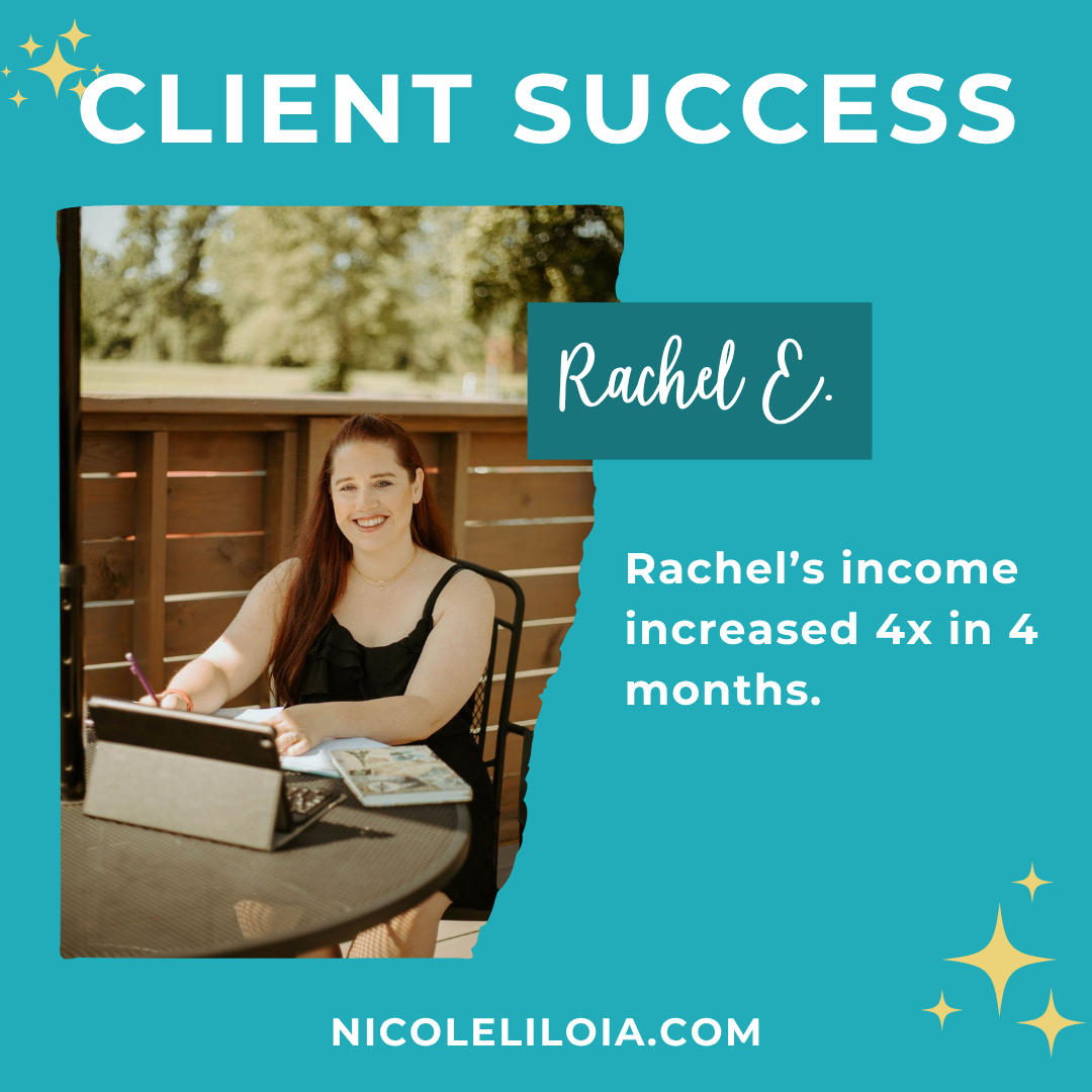 Woman with long red hair sits at a table with a tablet. Text: Rachels income increased 4x in 4 months.
