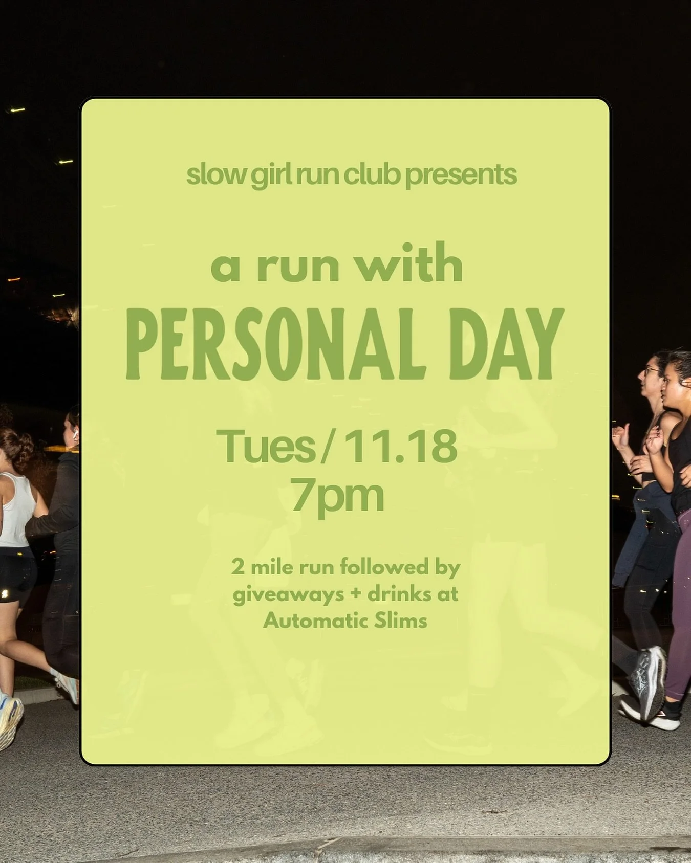 join us on Tuesday as we run with @personalday !!! runners will receive samples of their newest and most popular products &amp; drinks at @automaticslimsnyc (also live music!) don&rsquo;t want to miss this one🕺💘🍷🥳🫶💚 RSVP IN BIO!