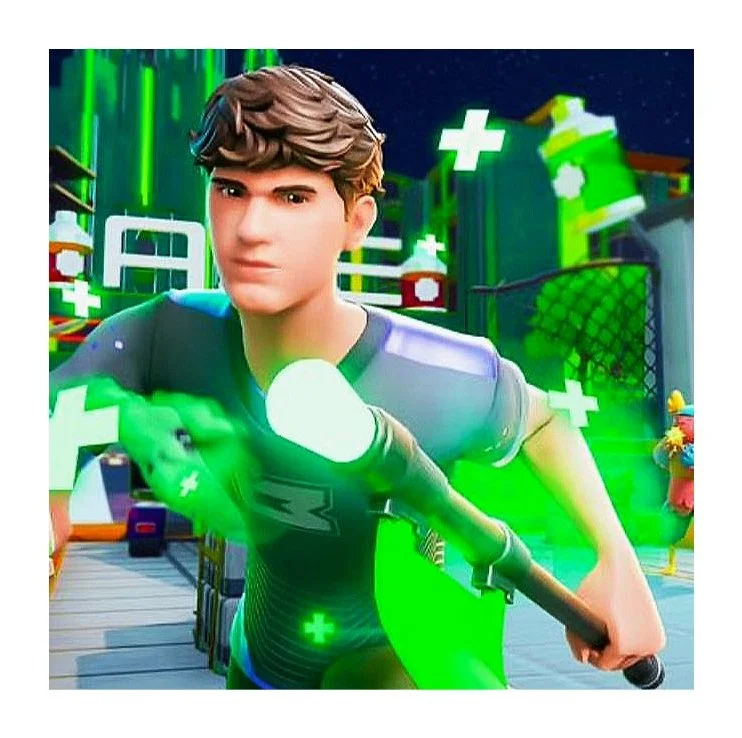 Animated male character with brown hair in a futuristic setting, holding a glowing green baseball bat, surrounded by green energy effects and plus signs.