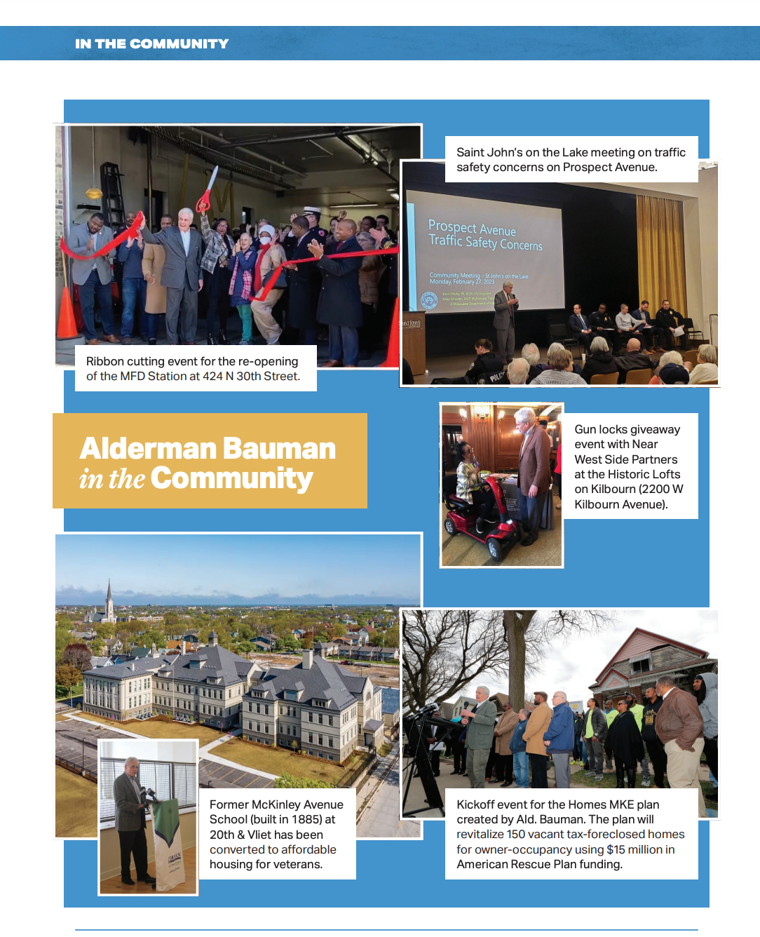 Community event flyer featuring ribbon cutting at MFD Station, traffic safety meeting, gun giveaway with Near West Side Partners, aerial of former McKinley Avenue School, and neighborhood kick-off for new affordable housing plan.
