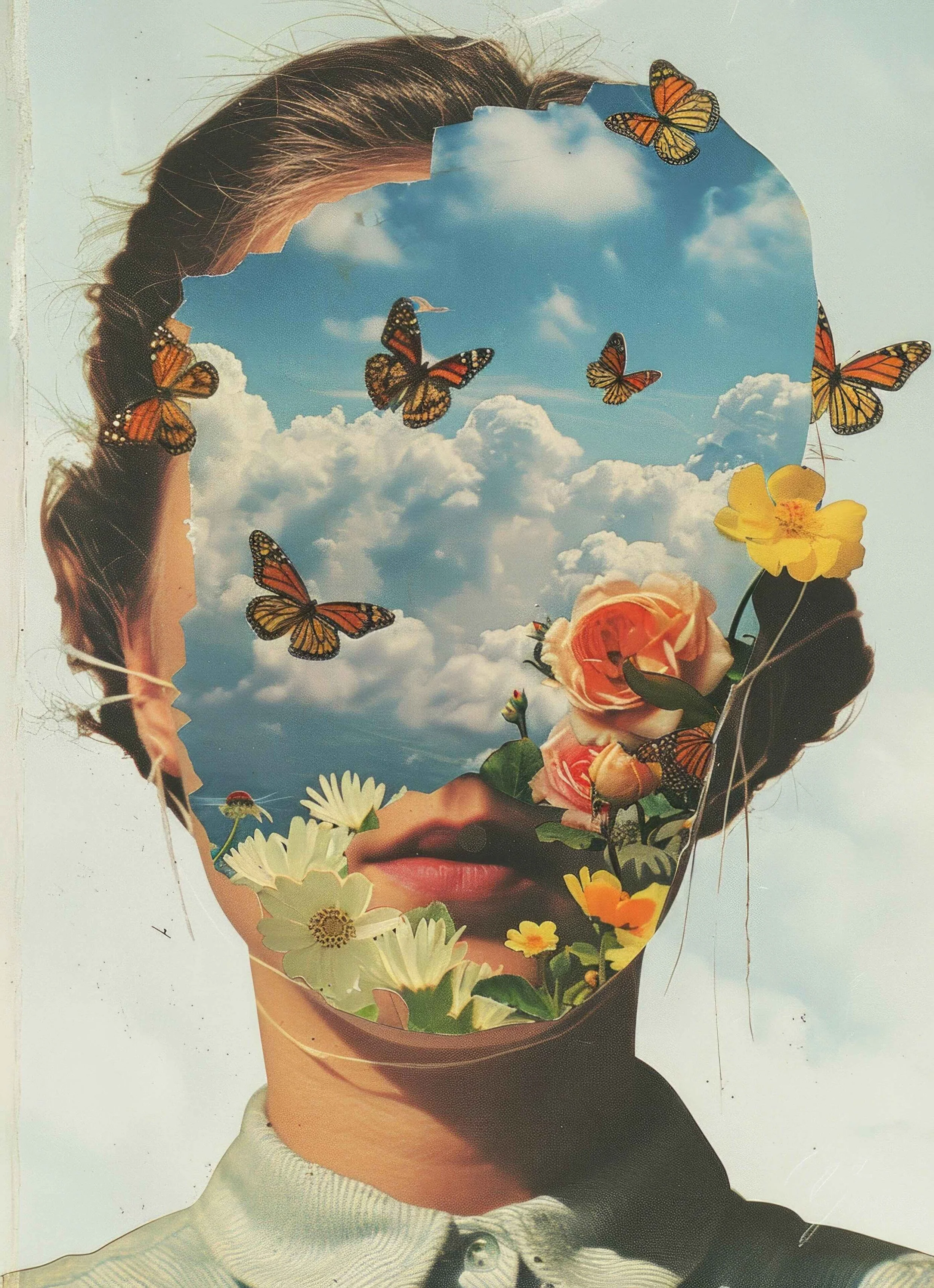 Image of a woman with a blue sky, butterflies, and flowers covering her face.