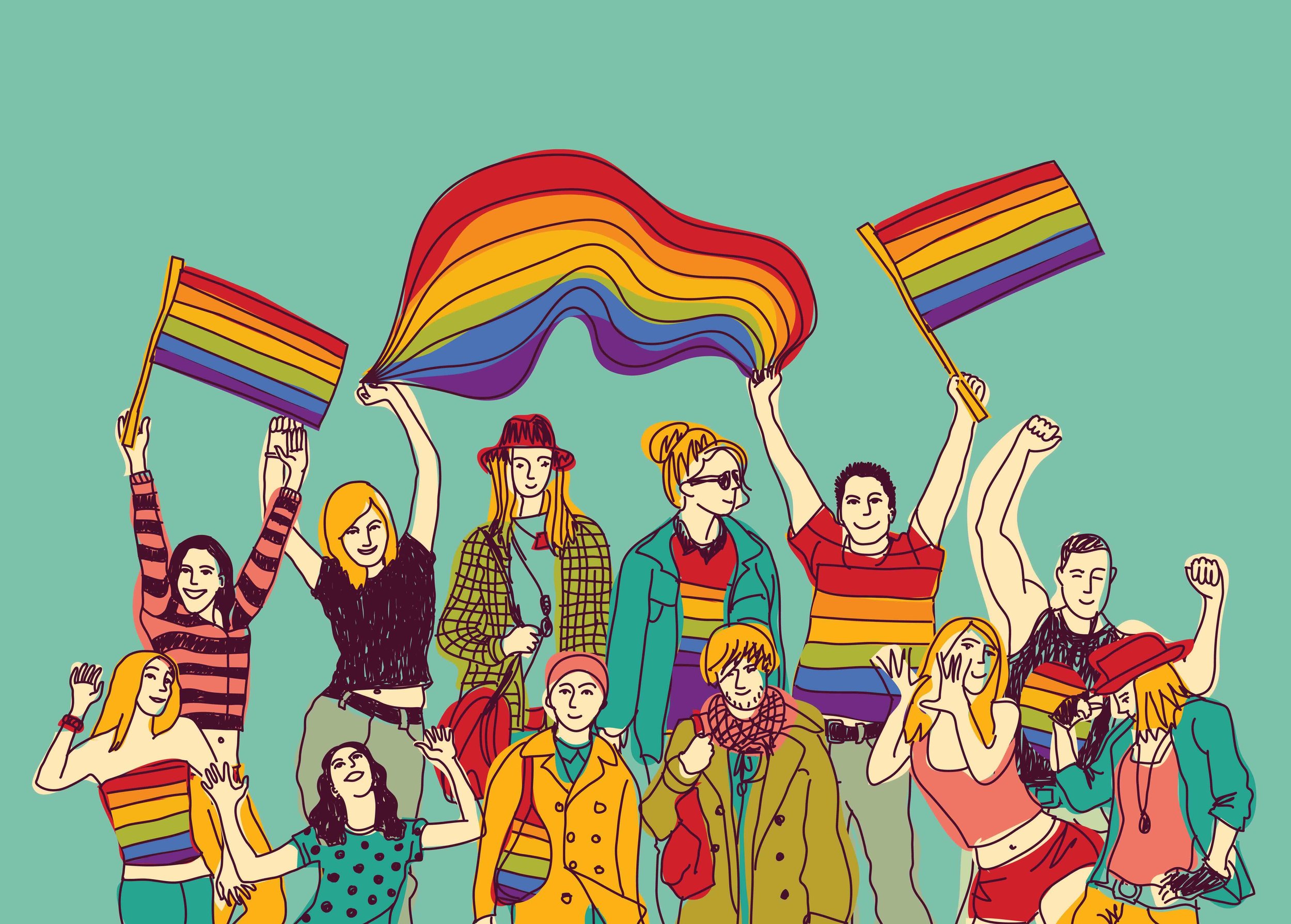 Illustration of a group of people waving rainbow flags.