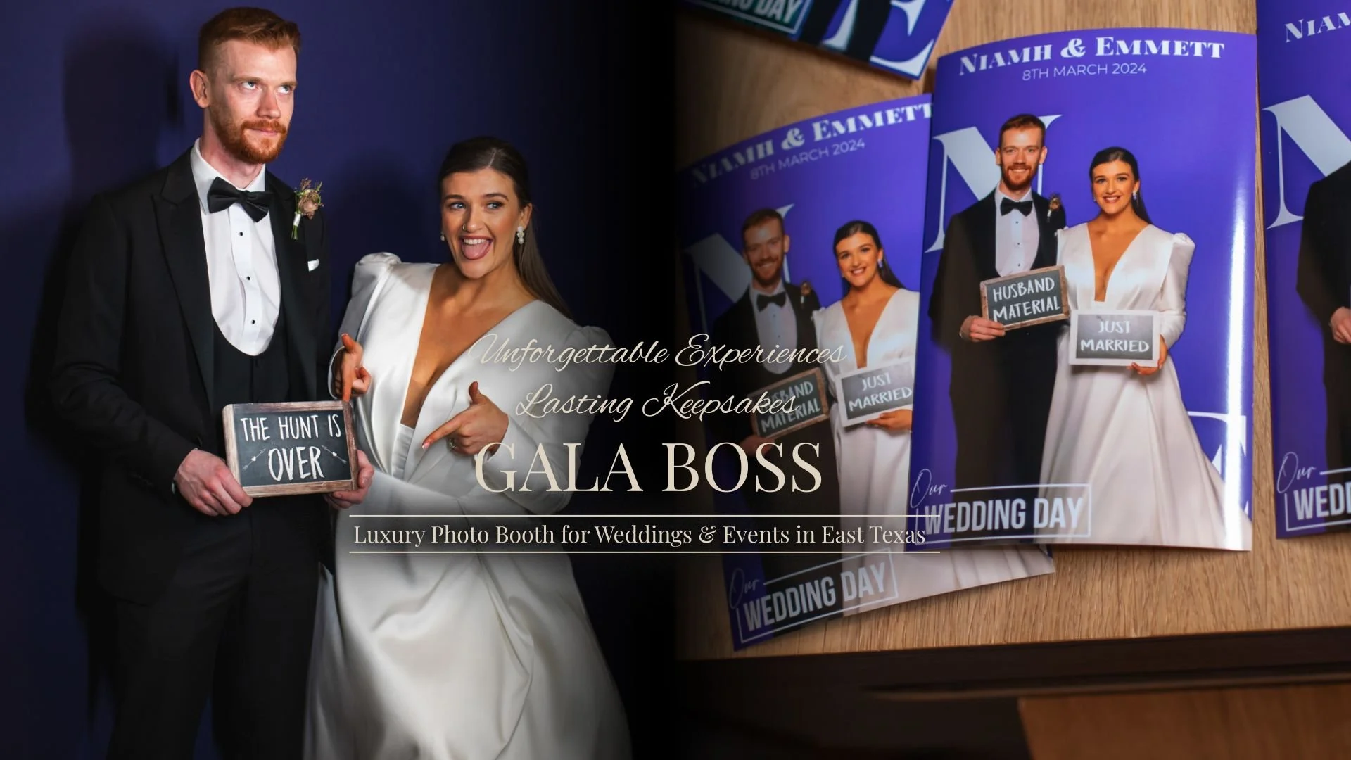 A couple at a wedding photo booth holding props with signs that say "The hunt is over," "Husband material," and "Just married." The groom is wearing a black tuxedo and the bride is in a white gown. There are more photos with similar props on a wooden table, promotional text overlaying the image for a wedding photo booth rental service.