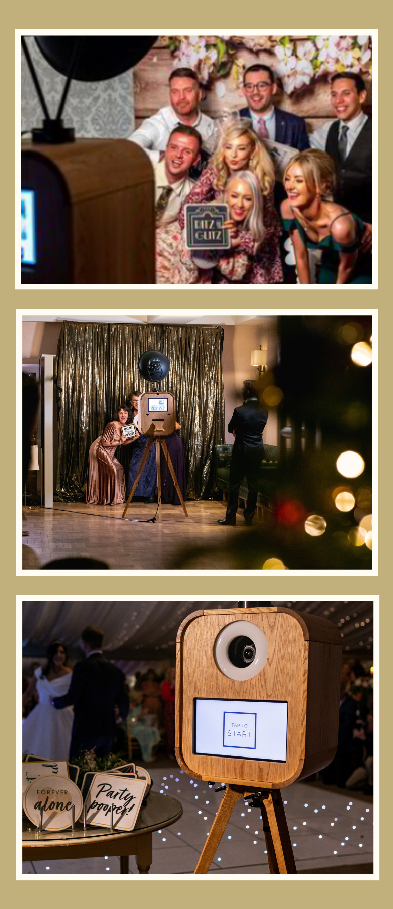 Collage of three photos featuring a wooden photo booth at an event. Top image shows people posing with a sign in front of the booth. Middle image depicts a couple posing inside a curtained area while being photographed. Bottom image shows a close-up of the booth with props on a table nearby.