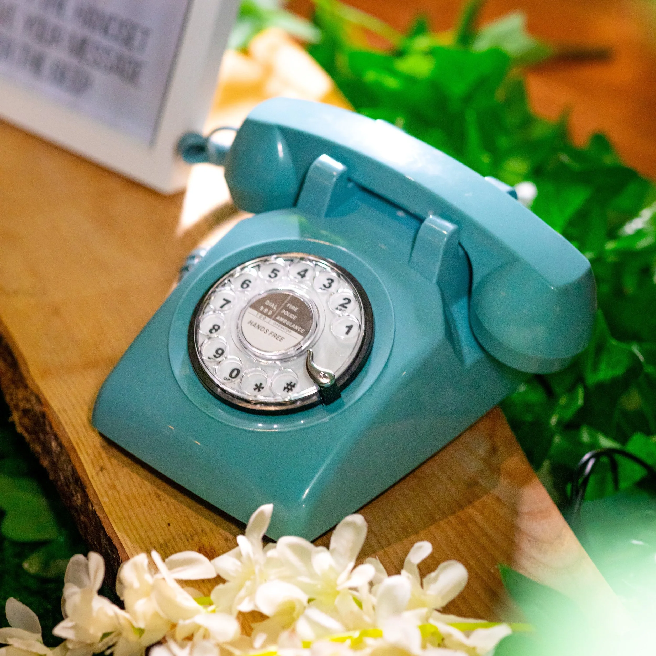 A vintage teal rotary phone on a wooden table with white flowers and green leaves nearby.