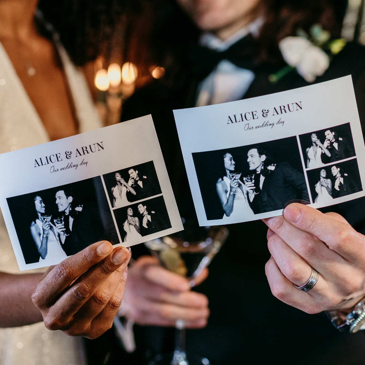 Two people holding a printed wedding photo strip featuring images of a couple, with the caption 'ALICE & ARUN Our wedding day.'