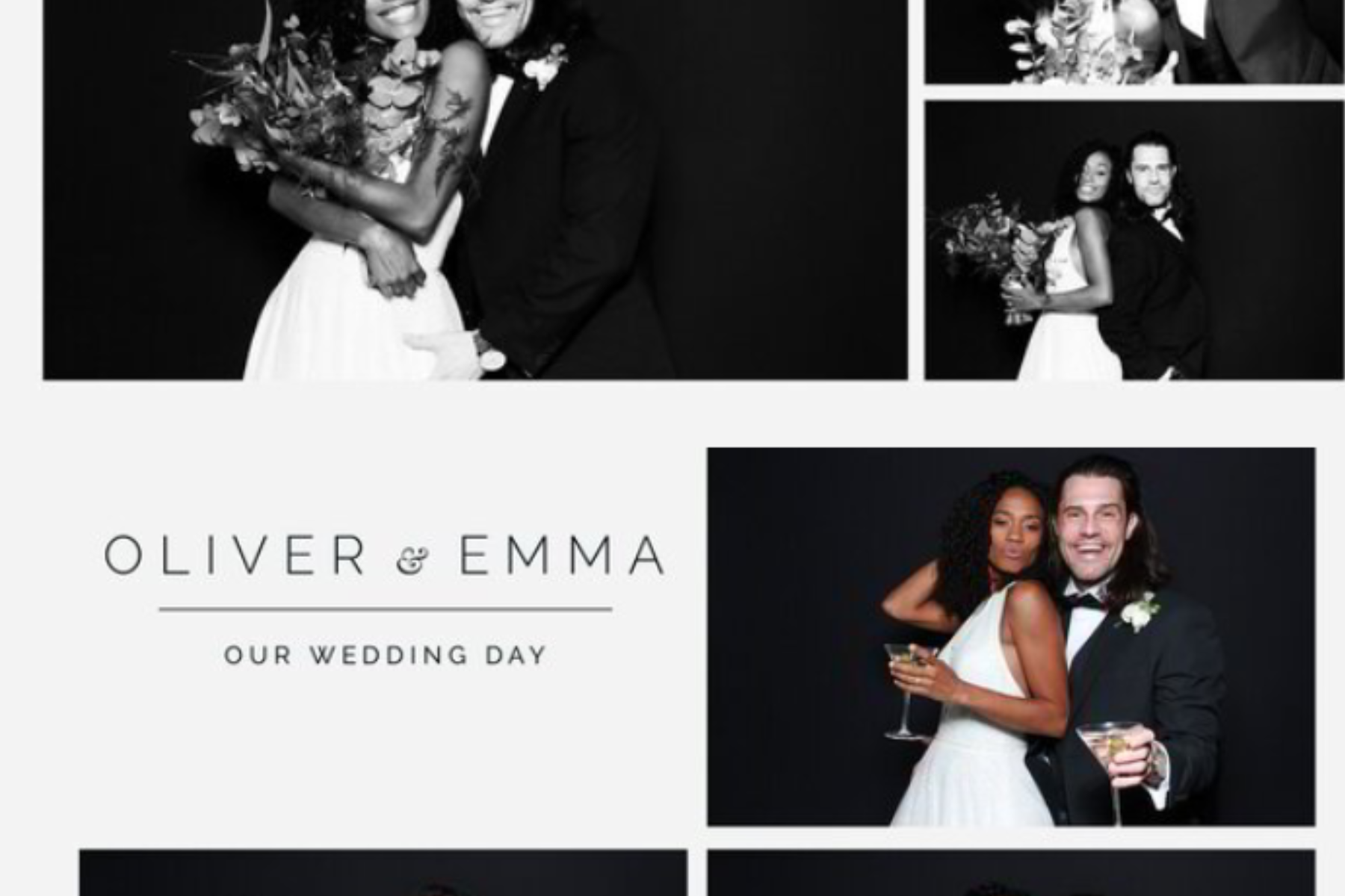 Collage of wedding photos featuring a bride and groom, with the text 'Oliver & Emma Our Wedding Day' in the center.