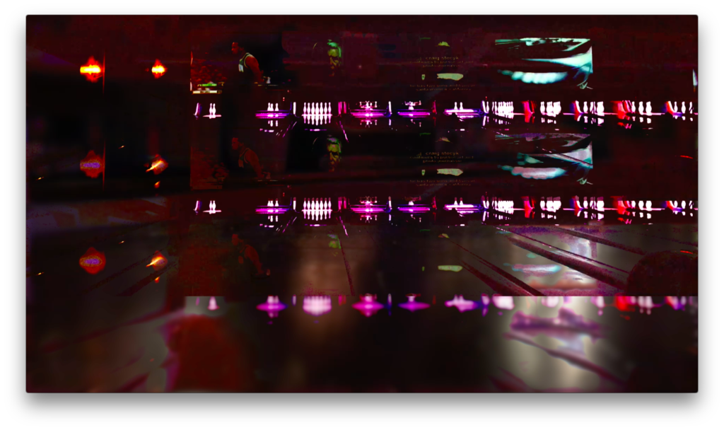 The image depicts a dark scene with some neon lights and reflections on a shiny surface. There are figures, possibly people, in the background, and the scene has a colorful, abstract quality with purple, red, and green hues.